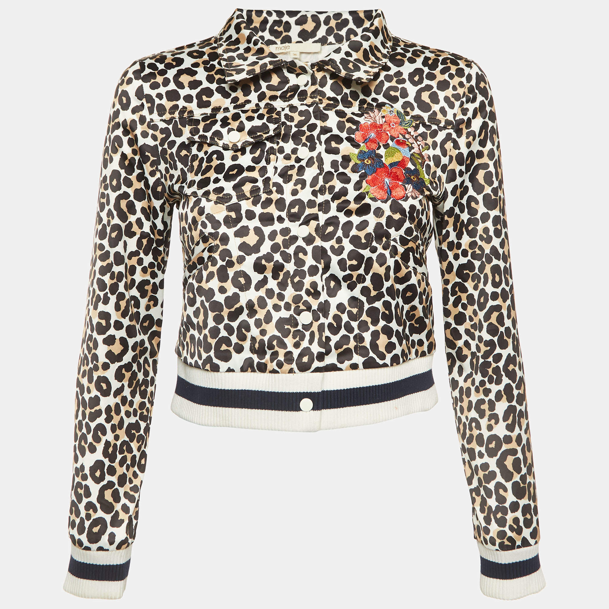 Maje White Animal Print Embroidered Satin Biker Jacket XS