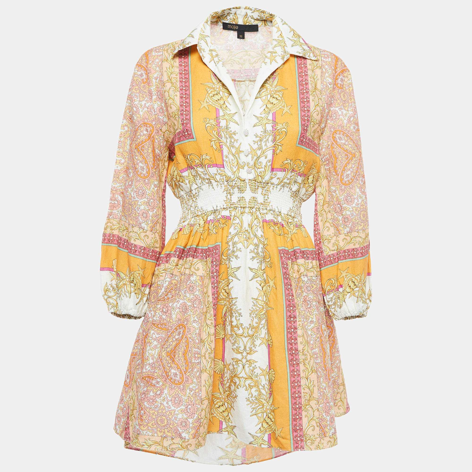 Pre Owned Maje Orange Scarf Print Linen Cutout Mini Dress S