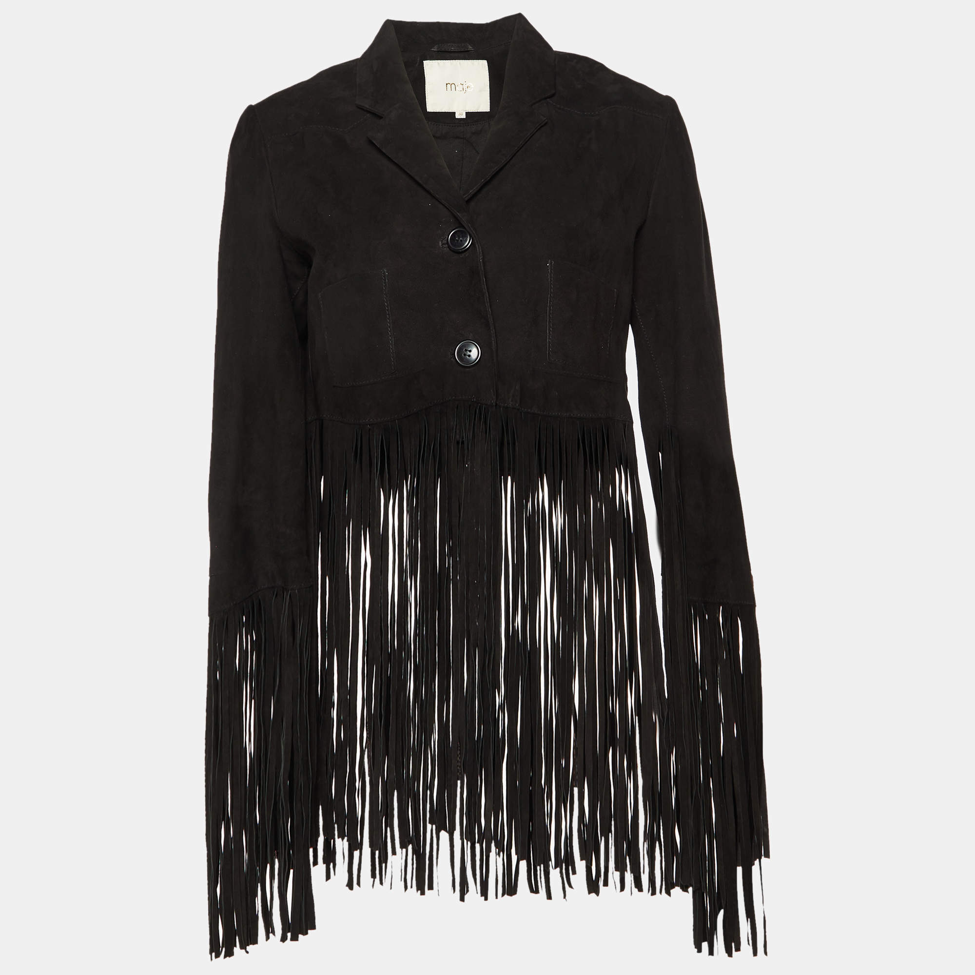 Maje Black Suede Leather Fringed Crop Jacket M