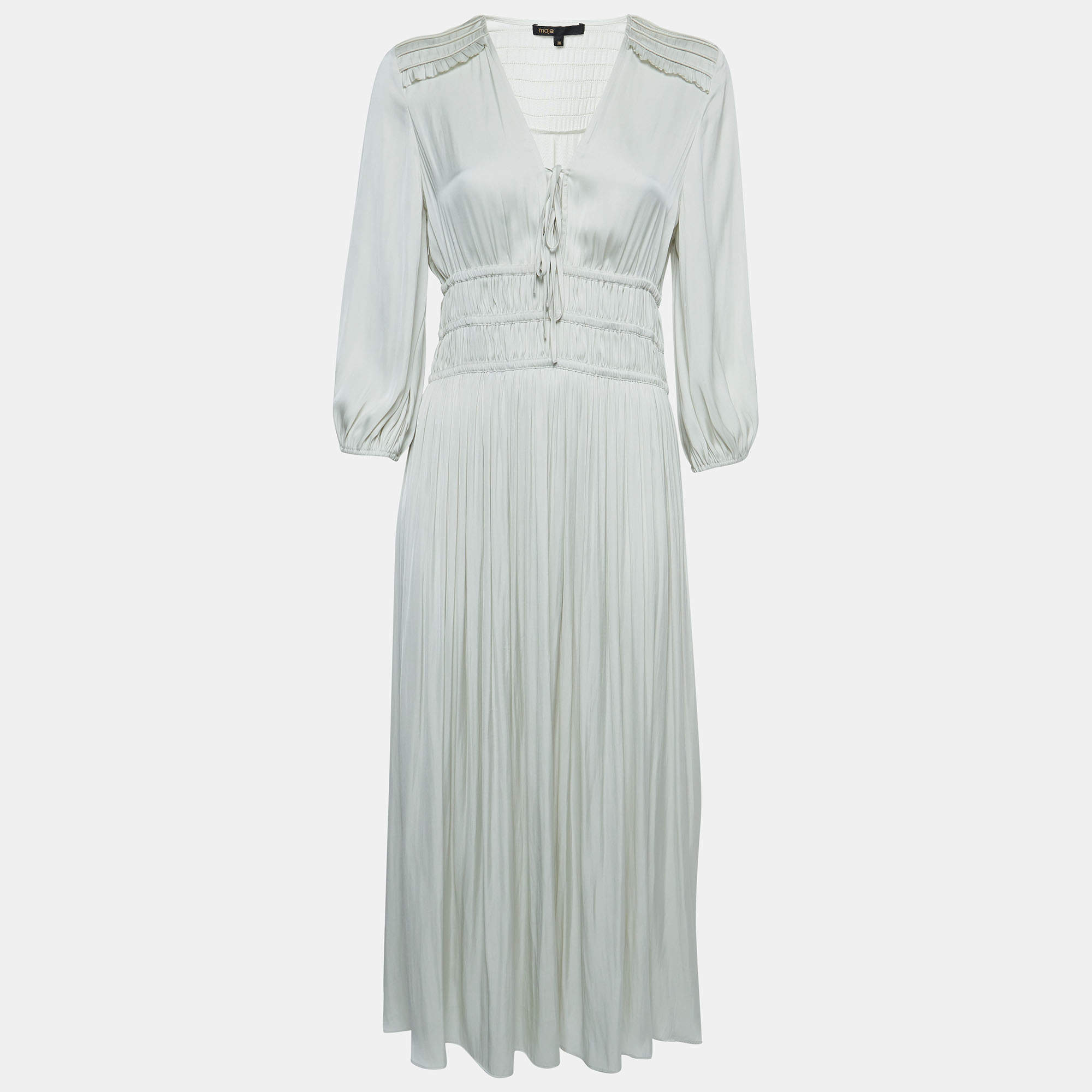 Maje Cream Satin Tie-Up Neck Gathered Midi Dress M