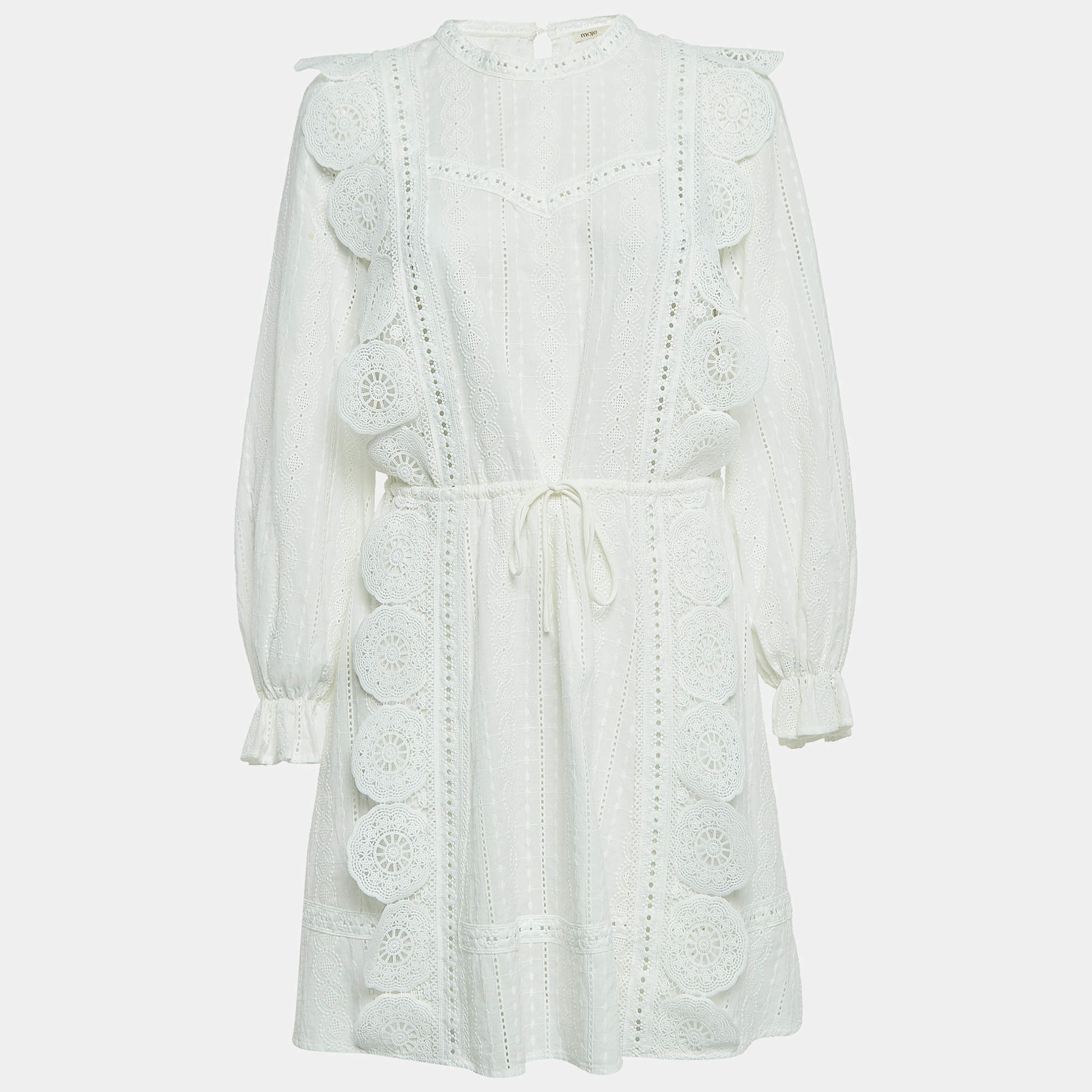 Maje White Ravia Cotton Lace Long Sleeve Mini Dress M