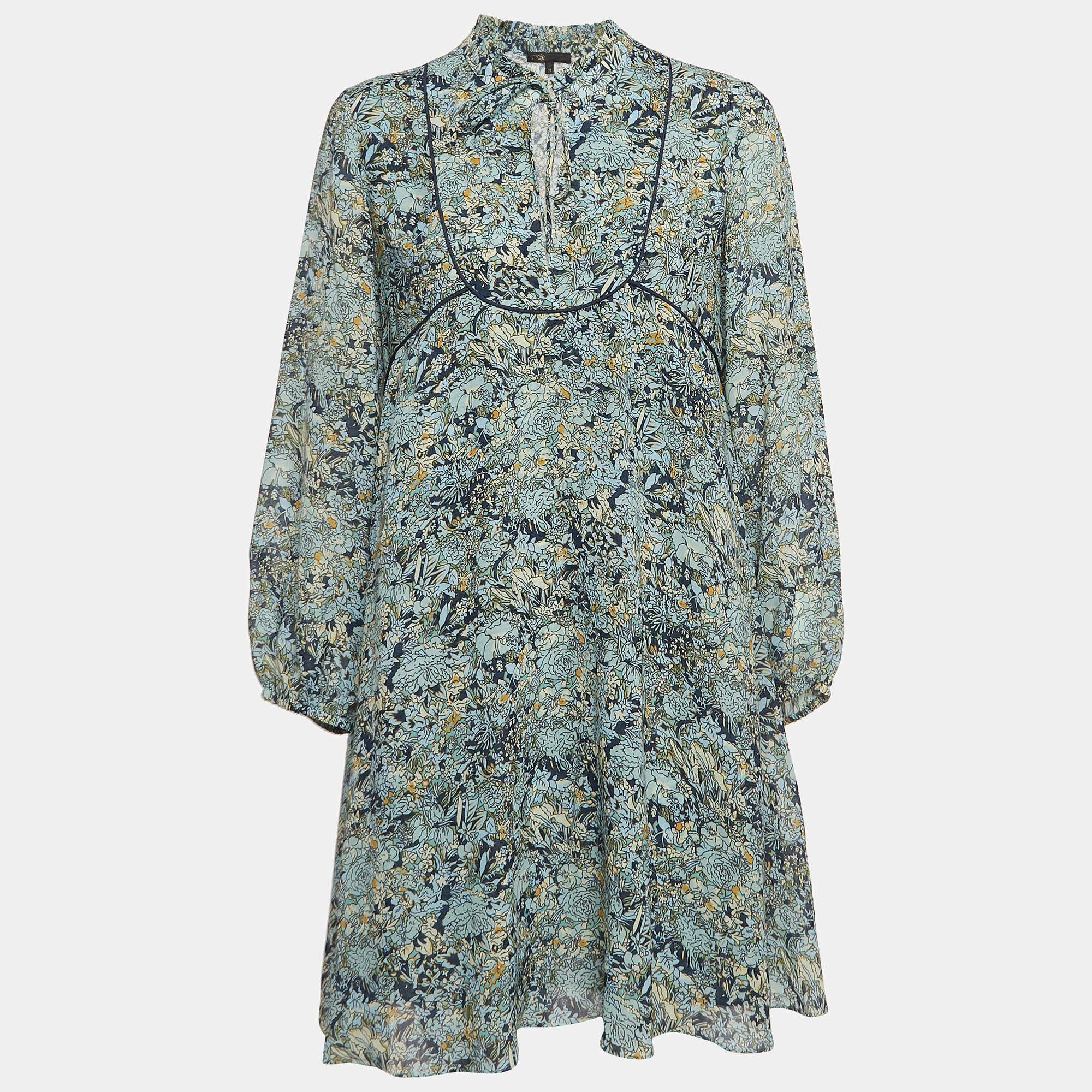 Pre Owned Maje Floral Print Chiffon Tie-Up Neck Mini Dress M