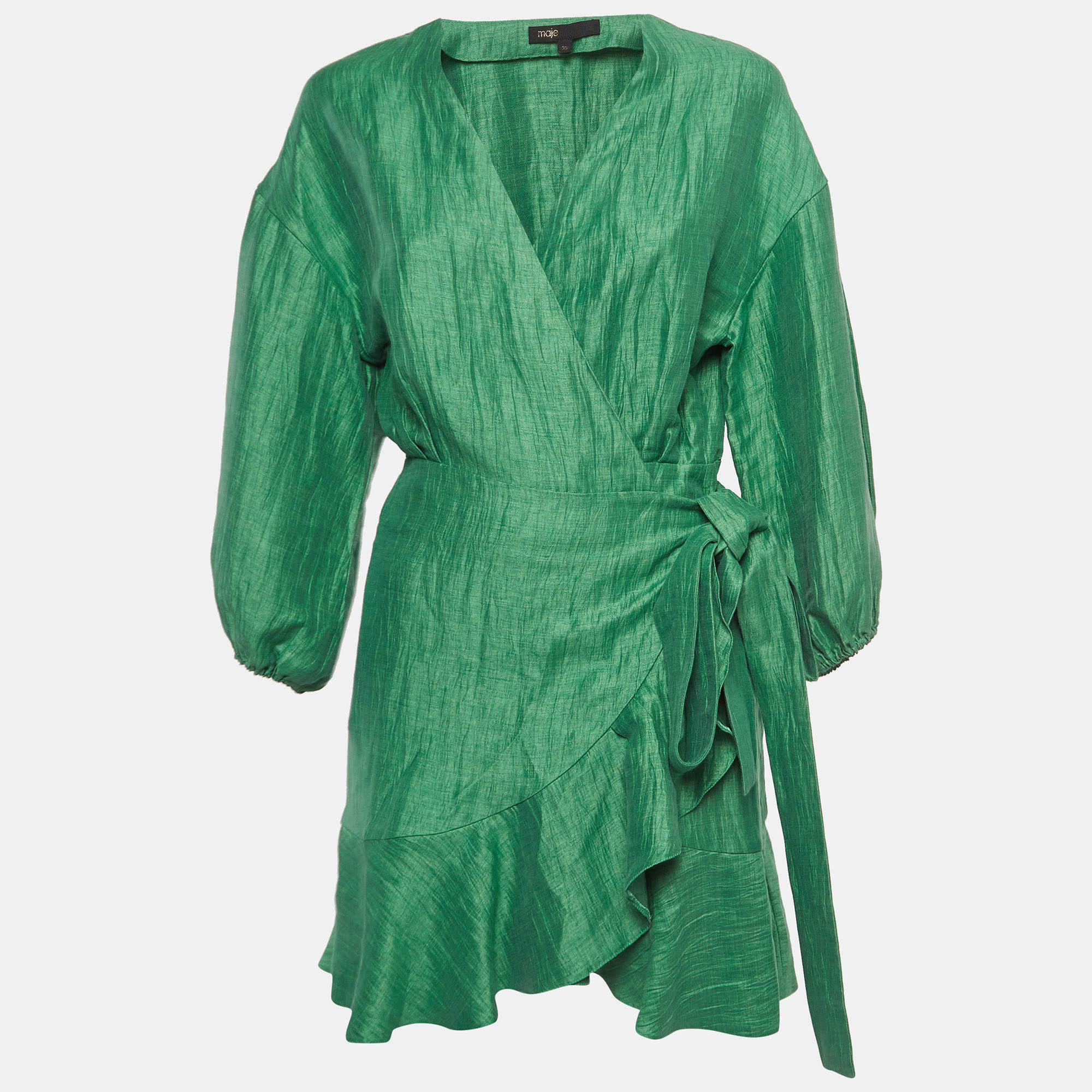 Maje Green Linen Ruffled Mini Wrap Dress XS