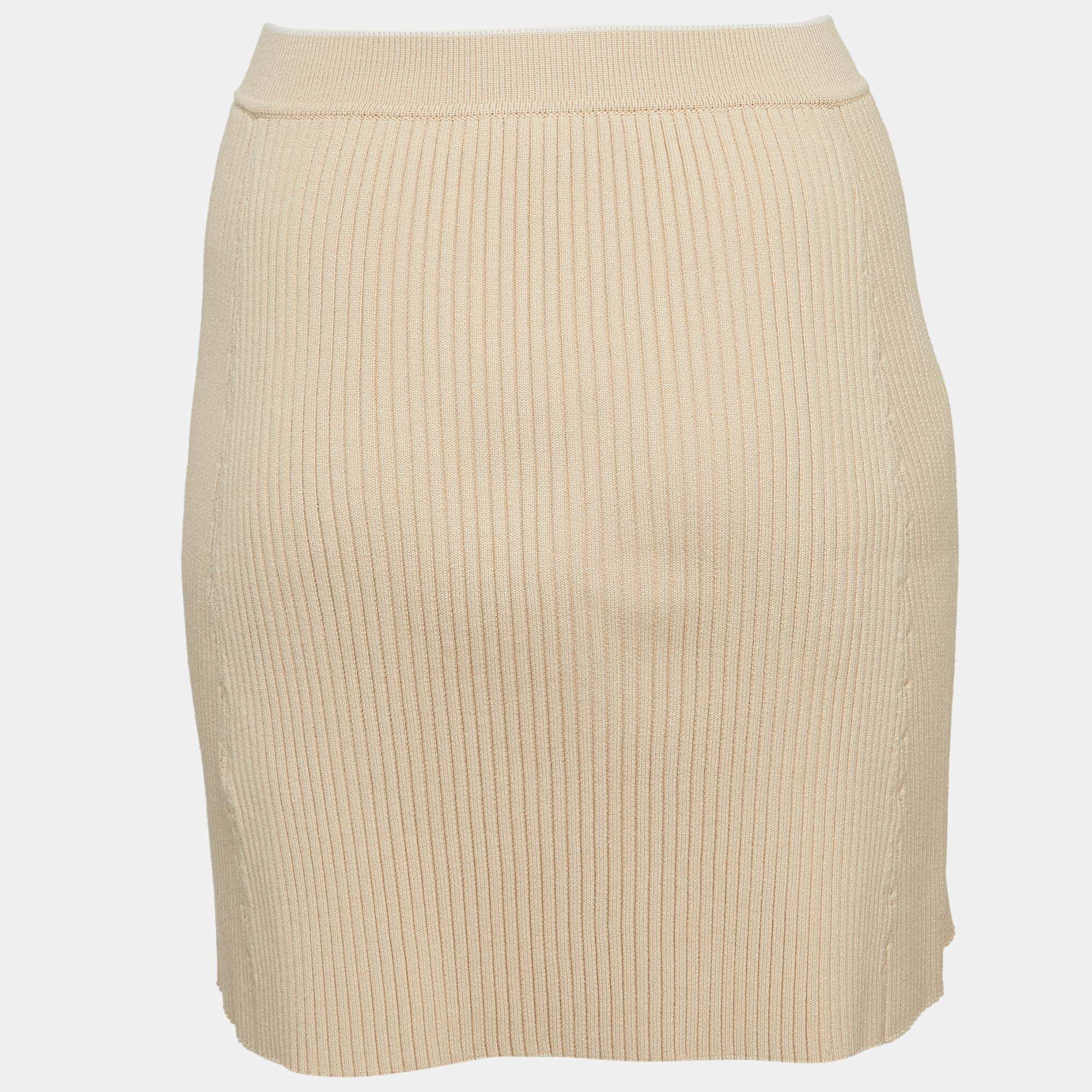 Pre Owned Maje Beige Ribbed Knit Buttoned Mini Skirt M