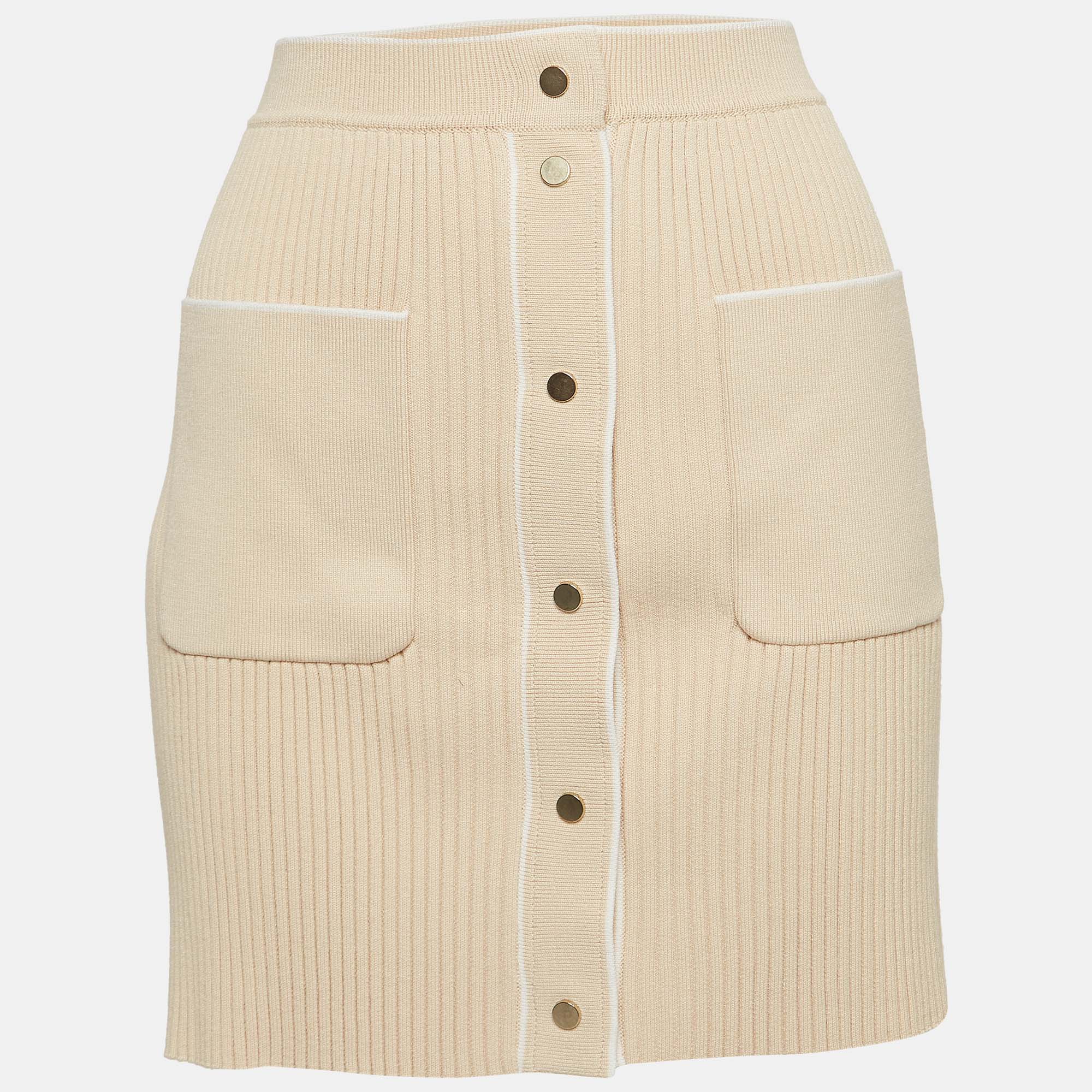 Pre Owned Maje Beige Ribbed Knit Buttoned Mini Skirt M