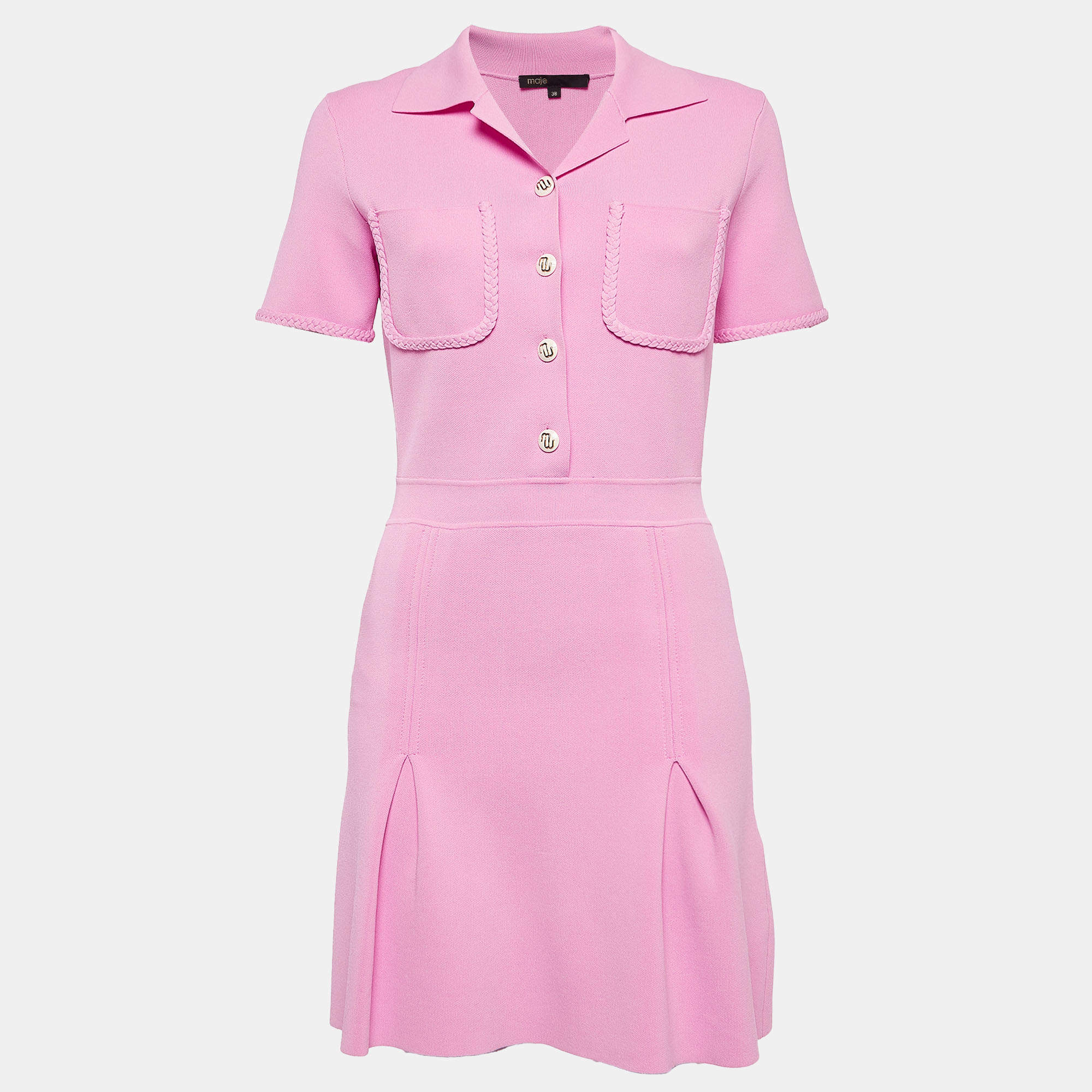 Maje Pink Knit Button-Detail Pleated Mini Dress m