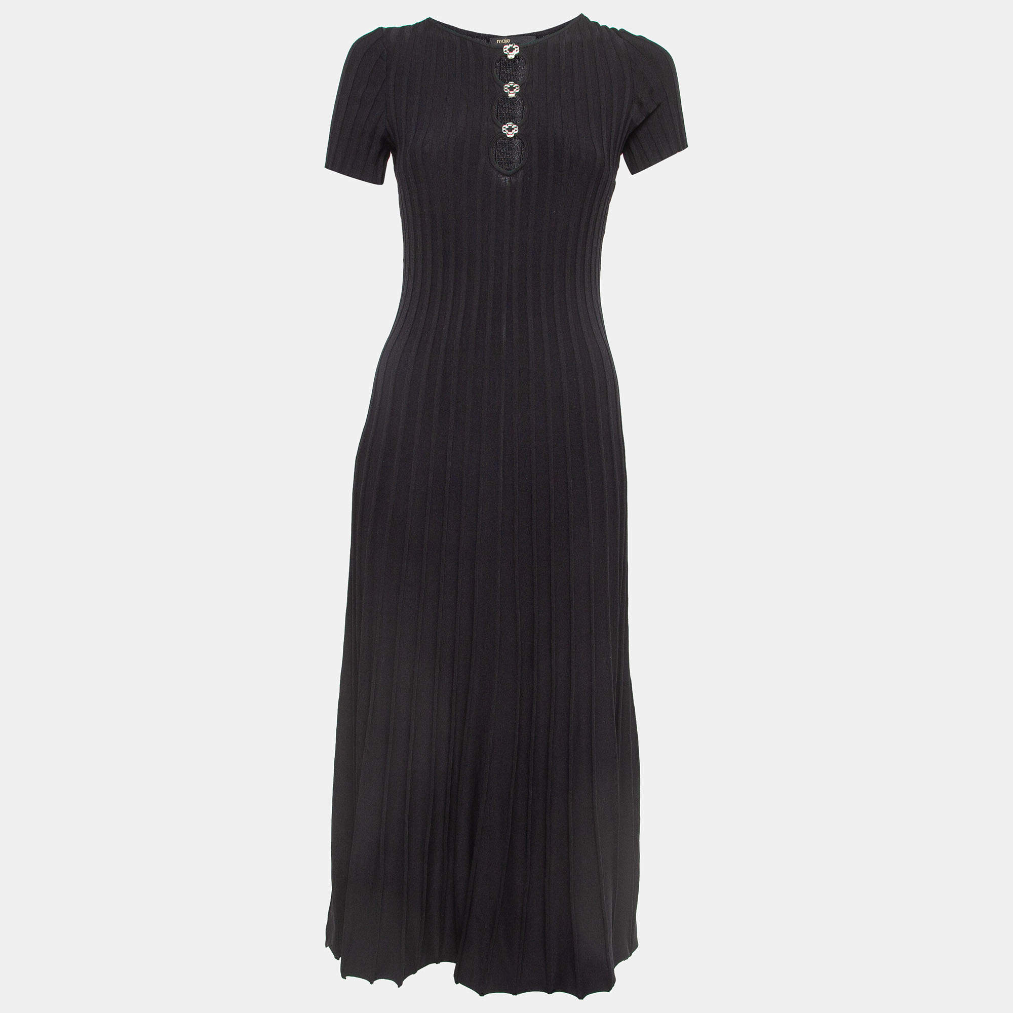 Maje Black Pleated Knit Cut-Out Detail Midi Dress L