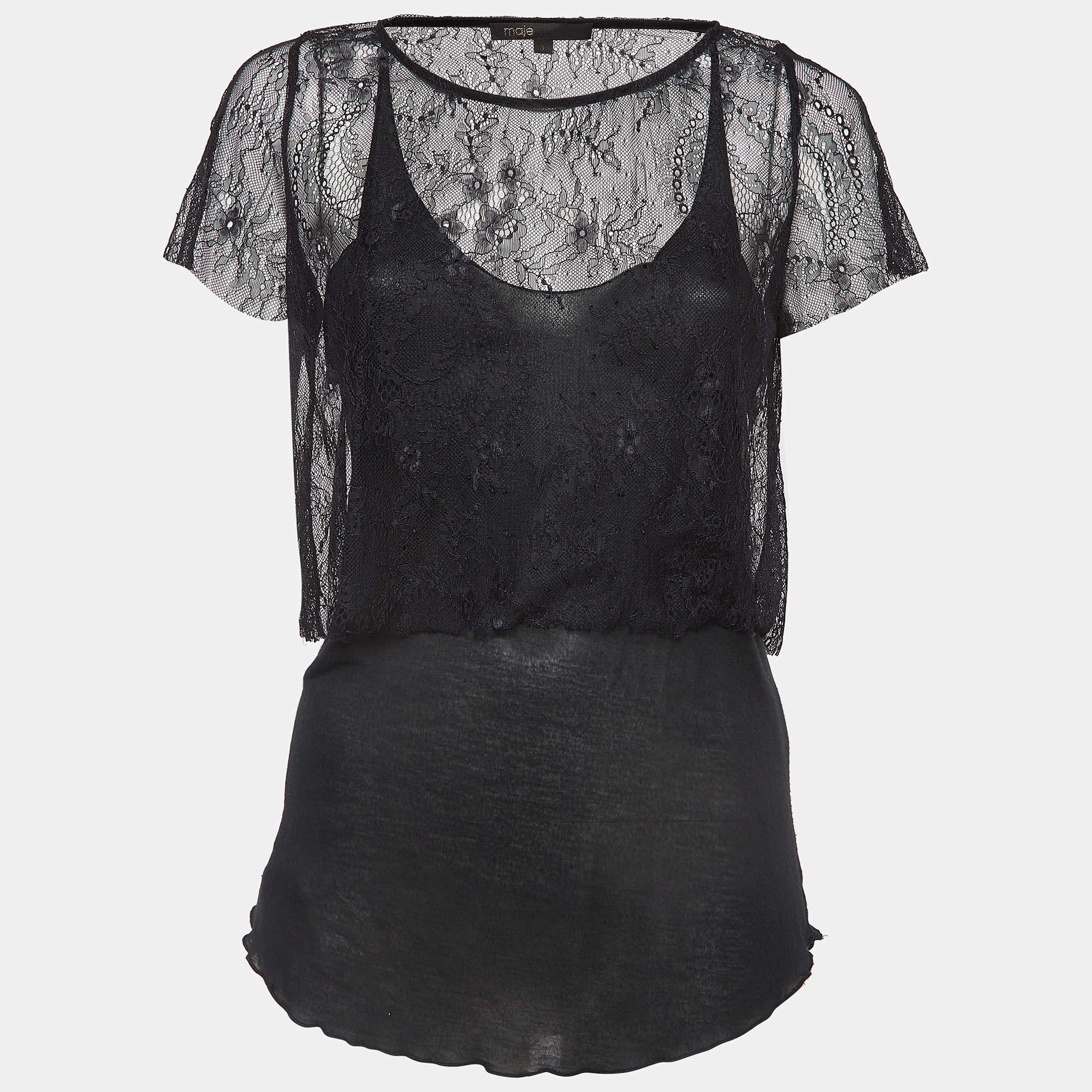 Maje Black Patterned Lace and Knit Layered Top L