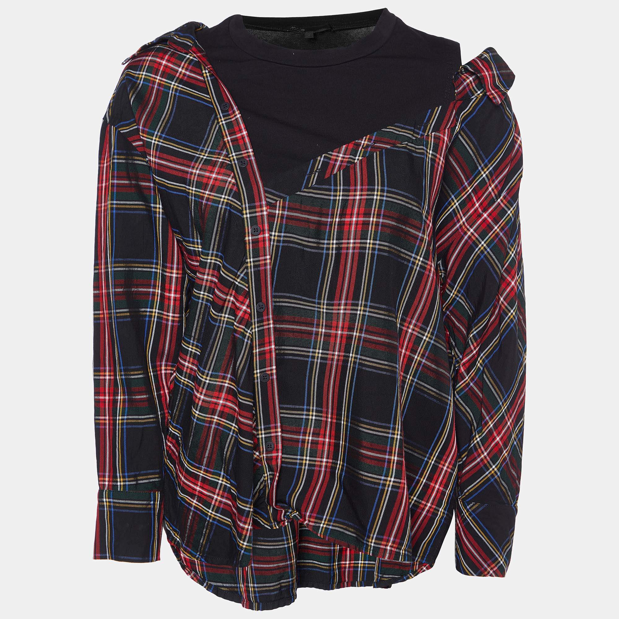 Maje Black Plaid Checked Asymmetric Shirt XS