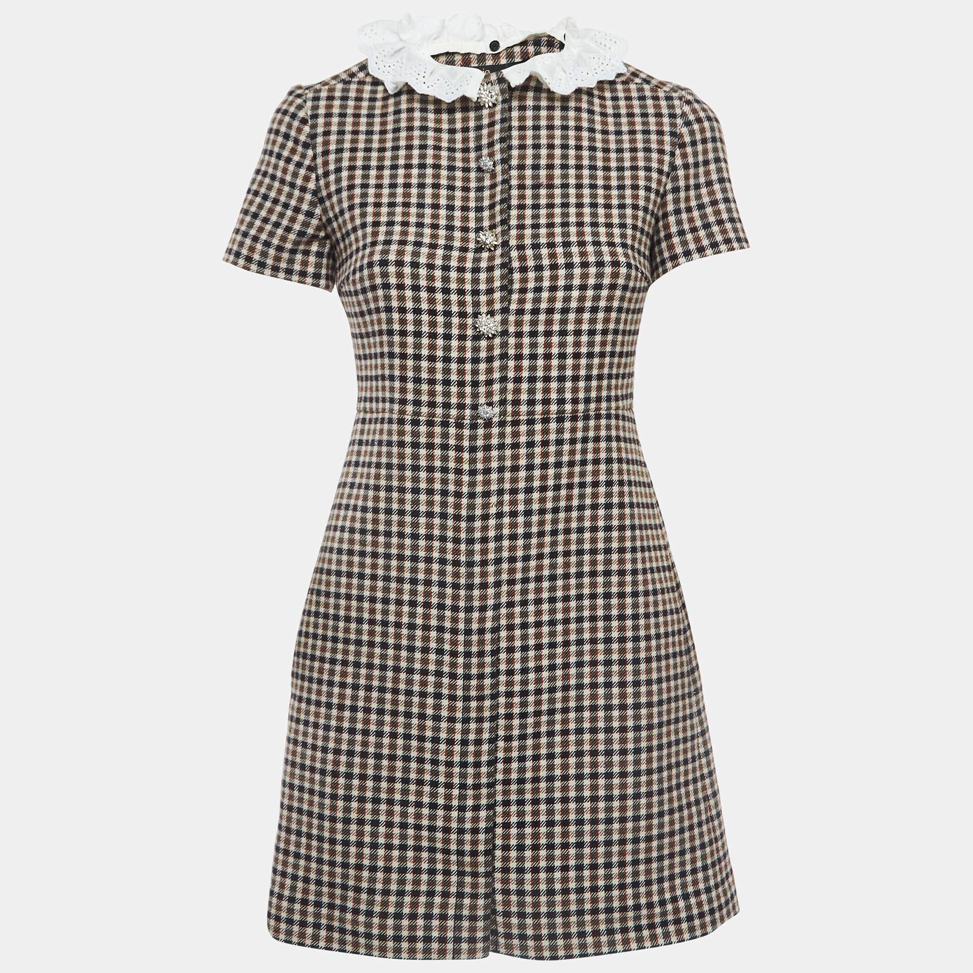 Pre Owned Maje Brown Plaid Cotton Blend Lace Collar Mini Dress S