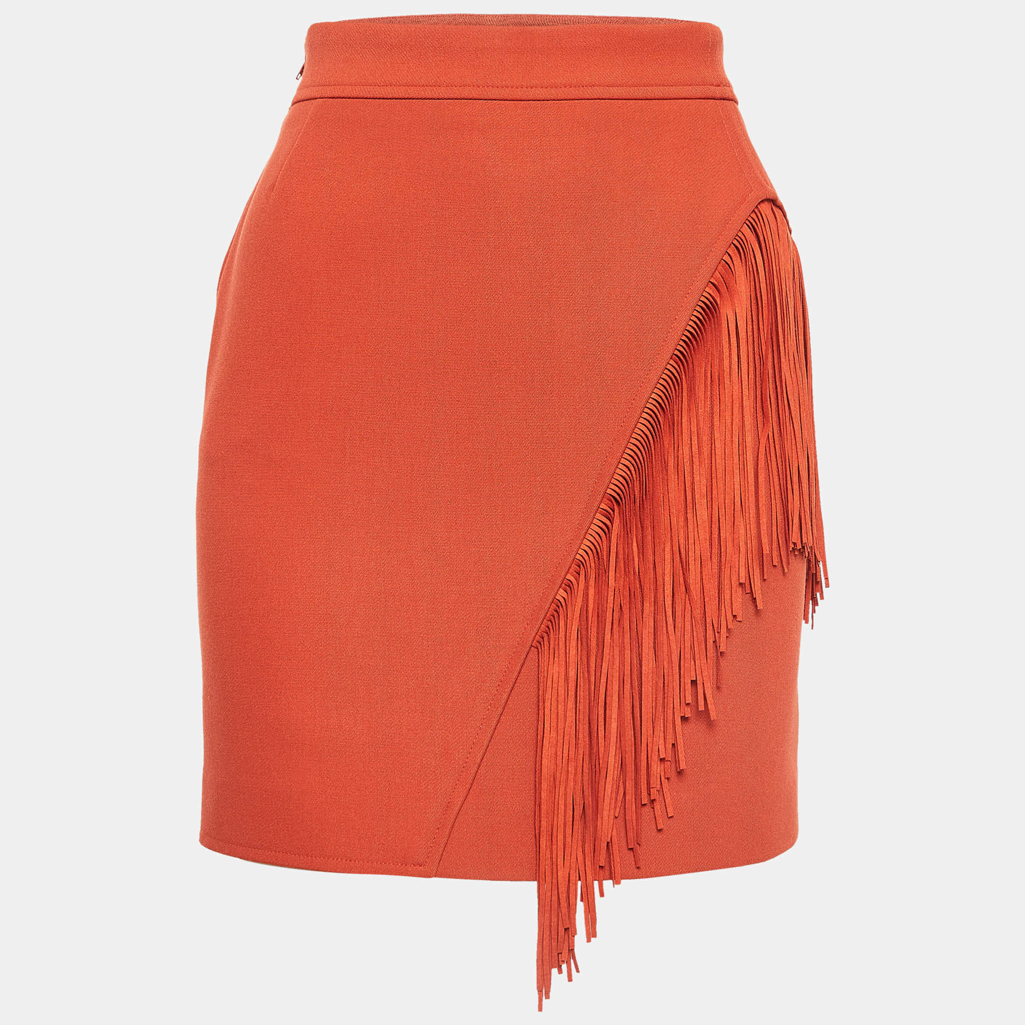 Pre Owned Maje Orange Crepe Fringe Detail  Mini Skirt S