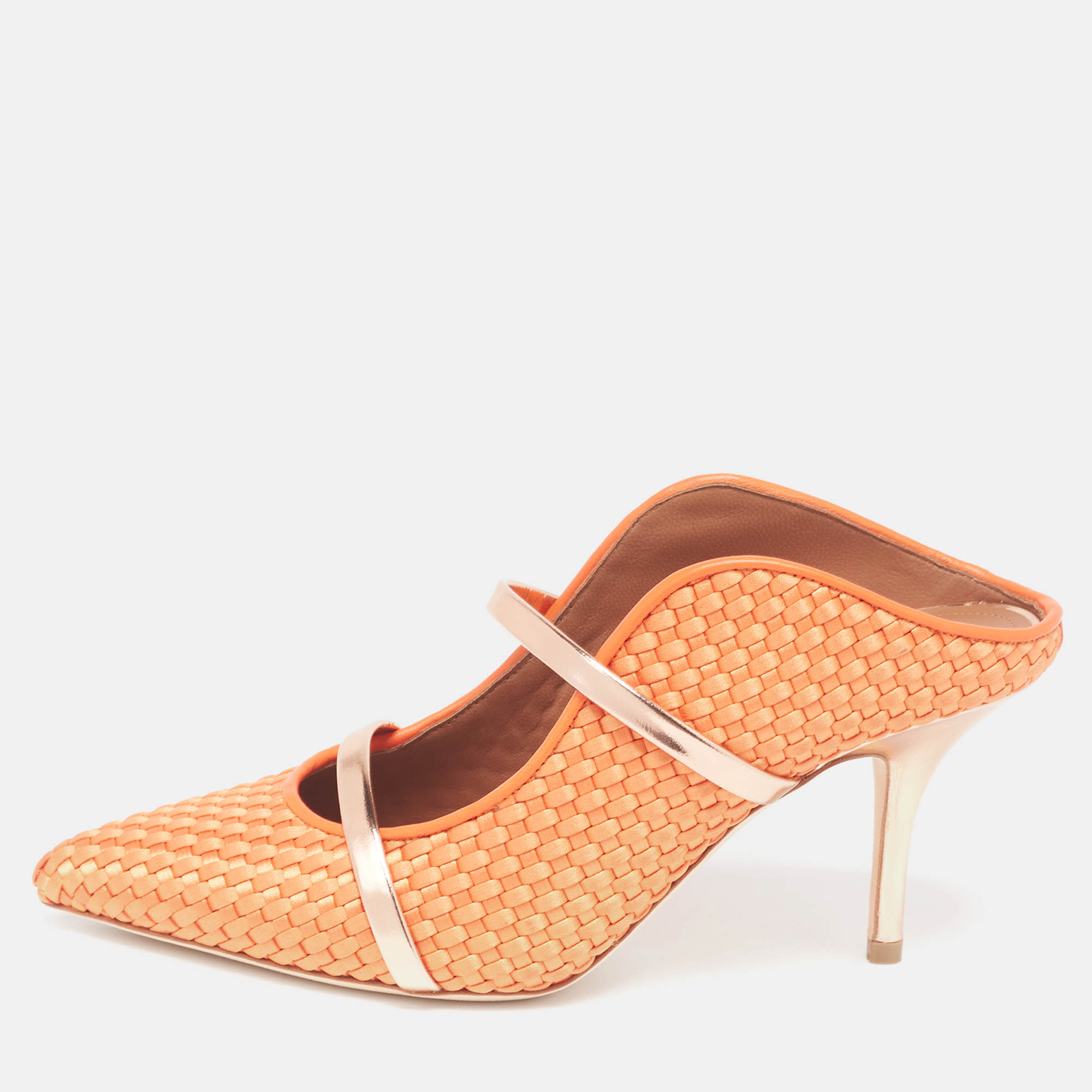 Malone Souliers Orange/Rose Gold Woven Satin and Leather Maureen Mules Size 37