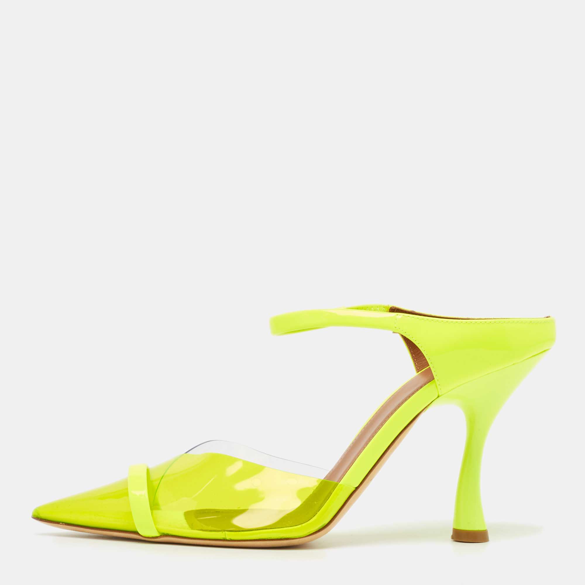 Pre Owned Malone Souliers Neon Yellow Patent Leather and PVC Iona Mules Size 37