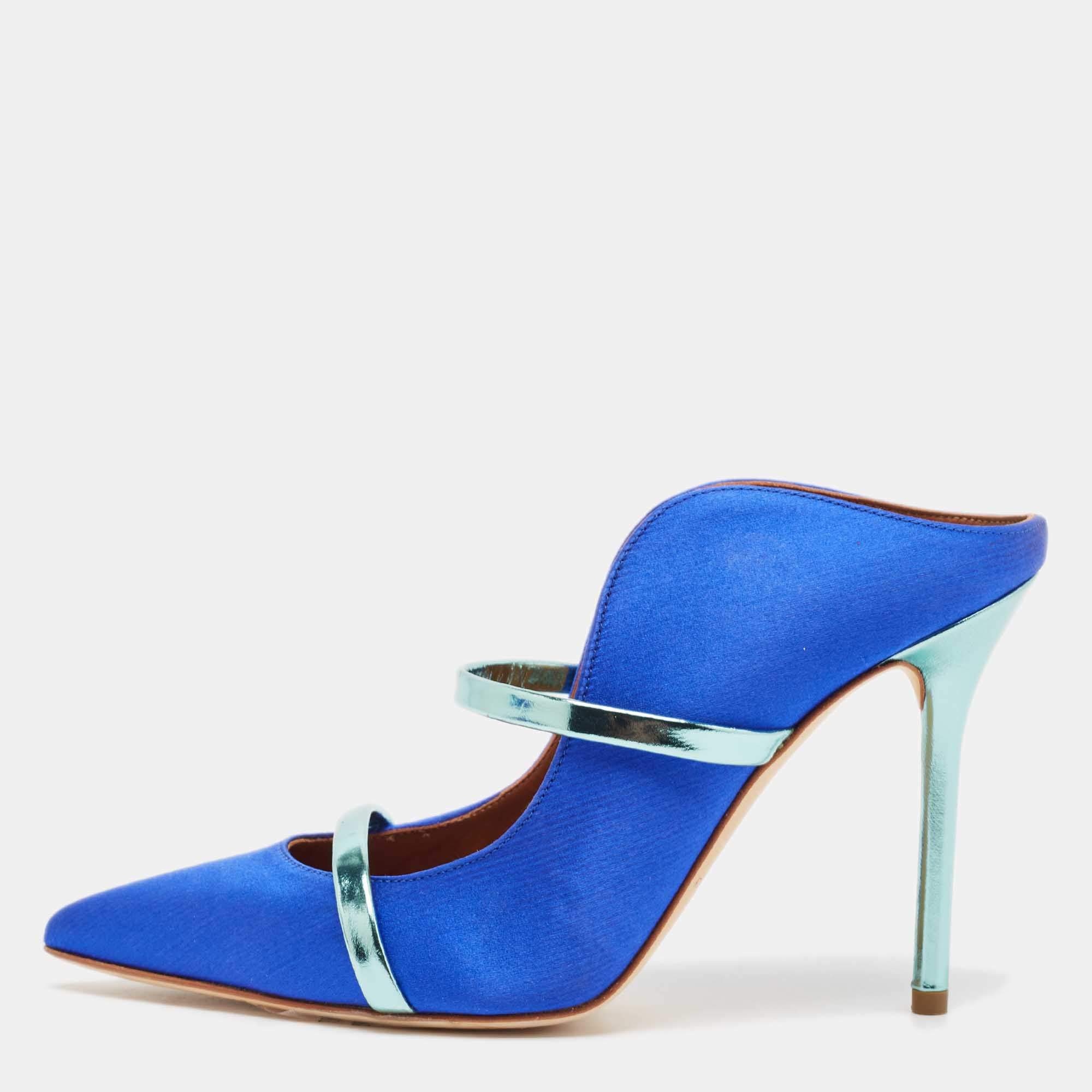 Pre Owned Malone Souliers Blue Leather and Satin Maureen Mules Size 37