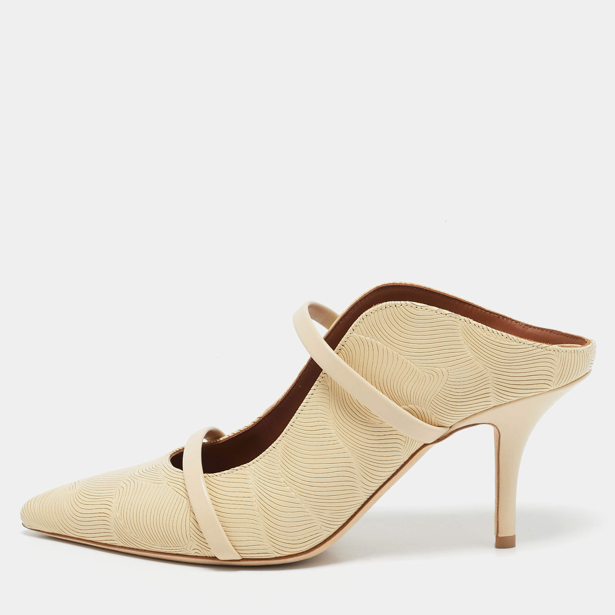 Pre Owned Malone Souliers Cream Textured Leather Maureen Mules Size 37.5