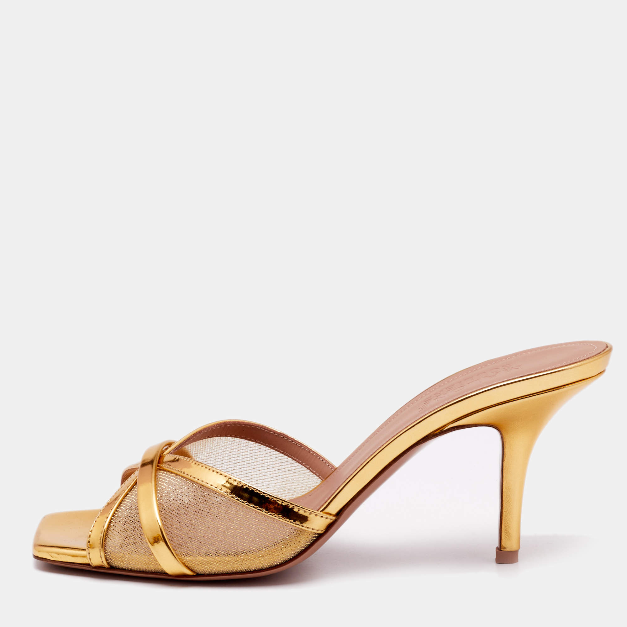 Malone Souliers Gold Mesh and Patent Leather Perla Slide Sandals Size 37