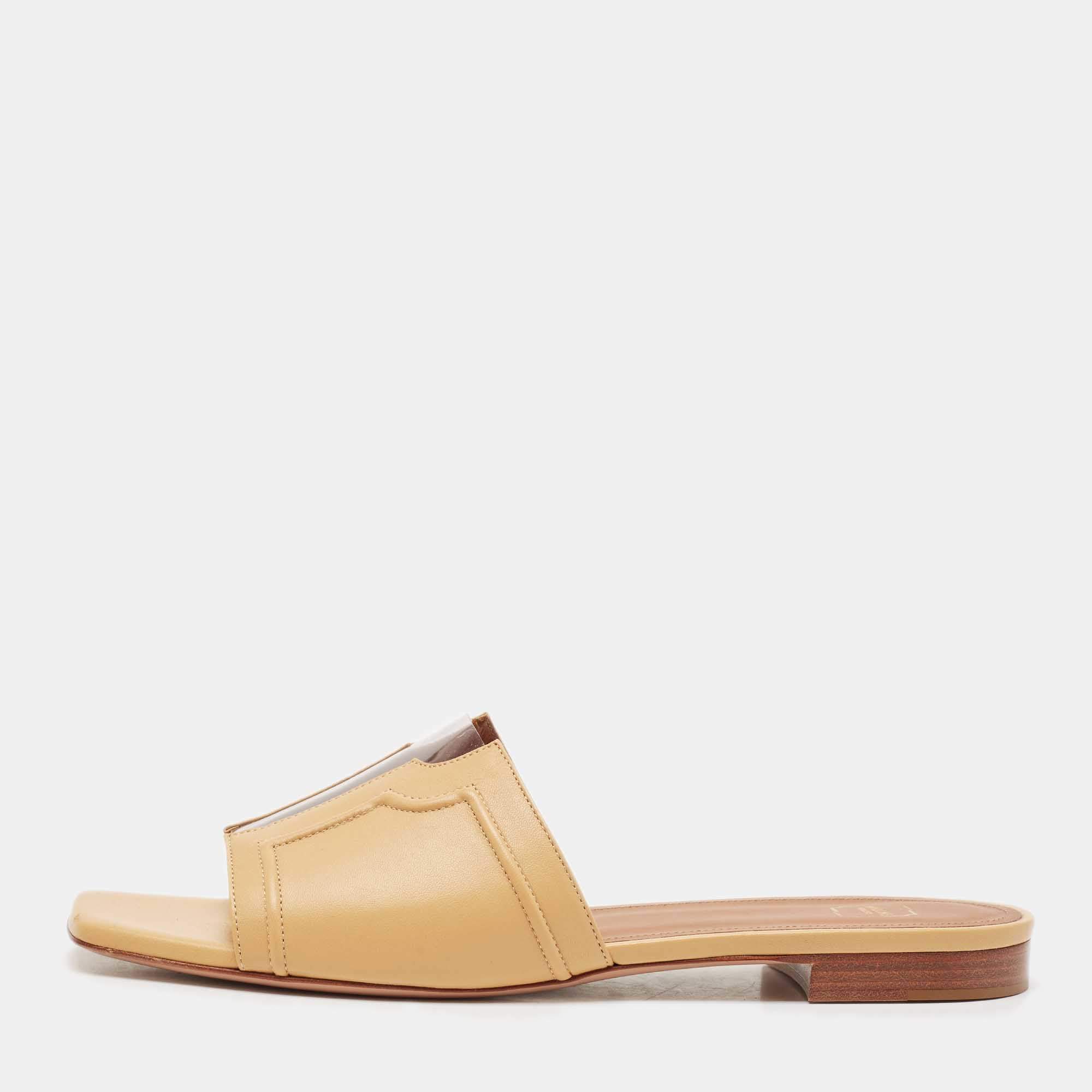 Pre Owned Malone Souliers Beige Leather and PVC Flat Slide Sandals Size 39.5