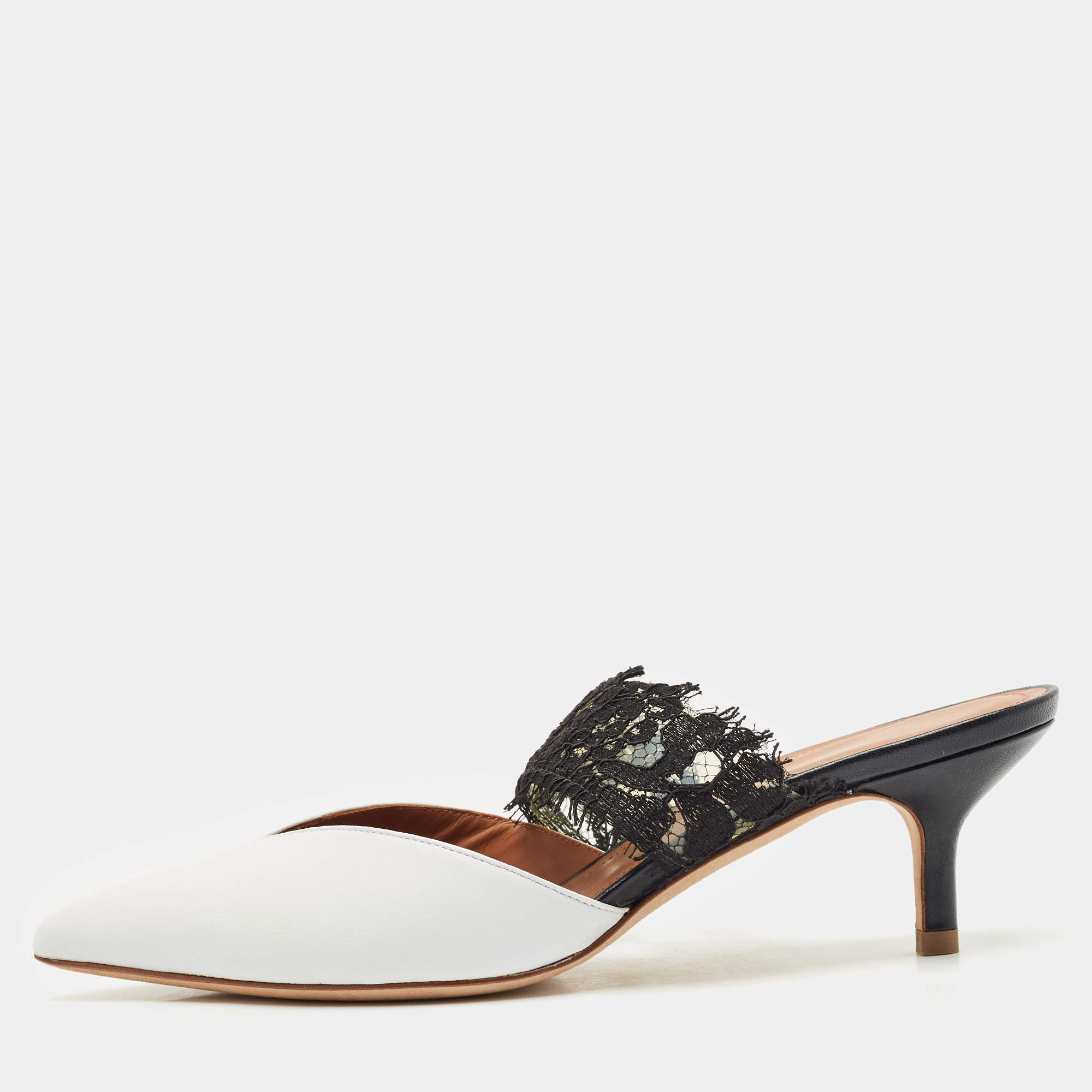 Pre Owned Malone Souliers x Emanuel Ungaro White/Black Lace and Leather Maisie Mules Size 36