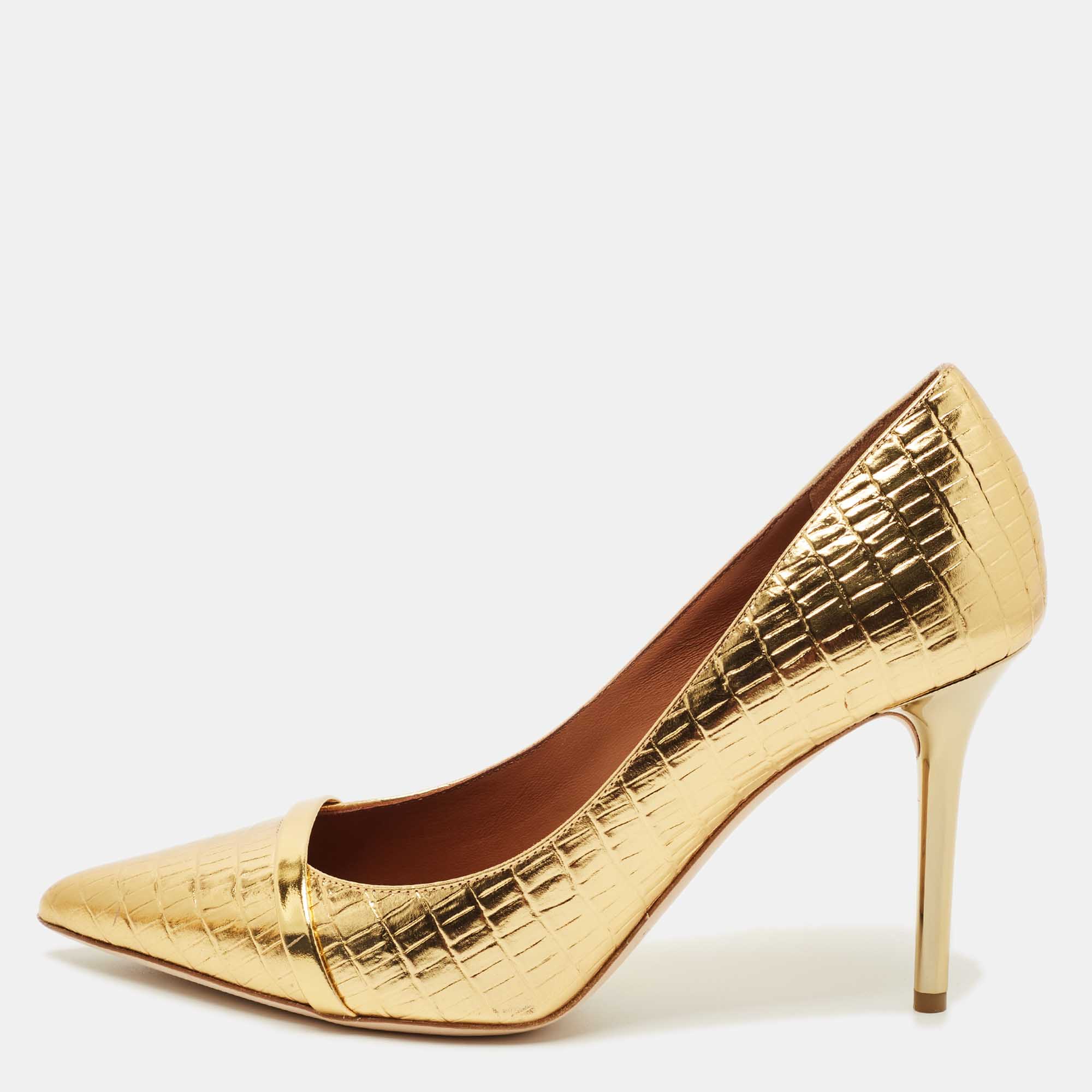 Pre Owned Malone Souliers Gold Croc Embossed Patent Leather Rina Pumps Size 39.5