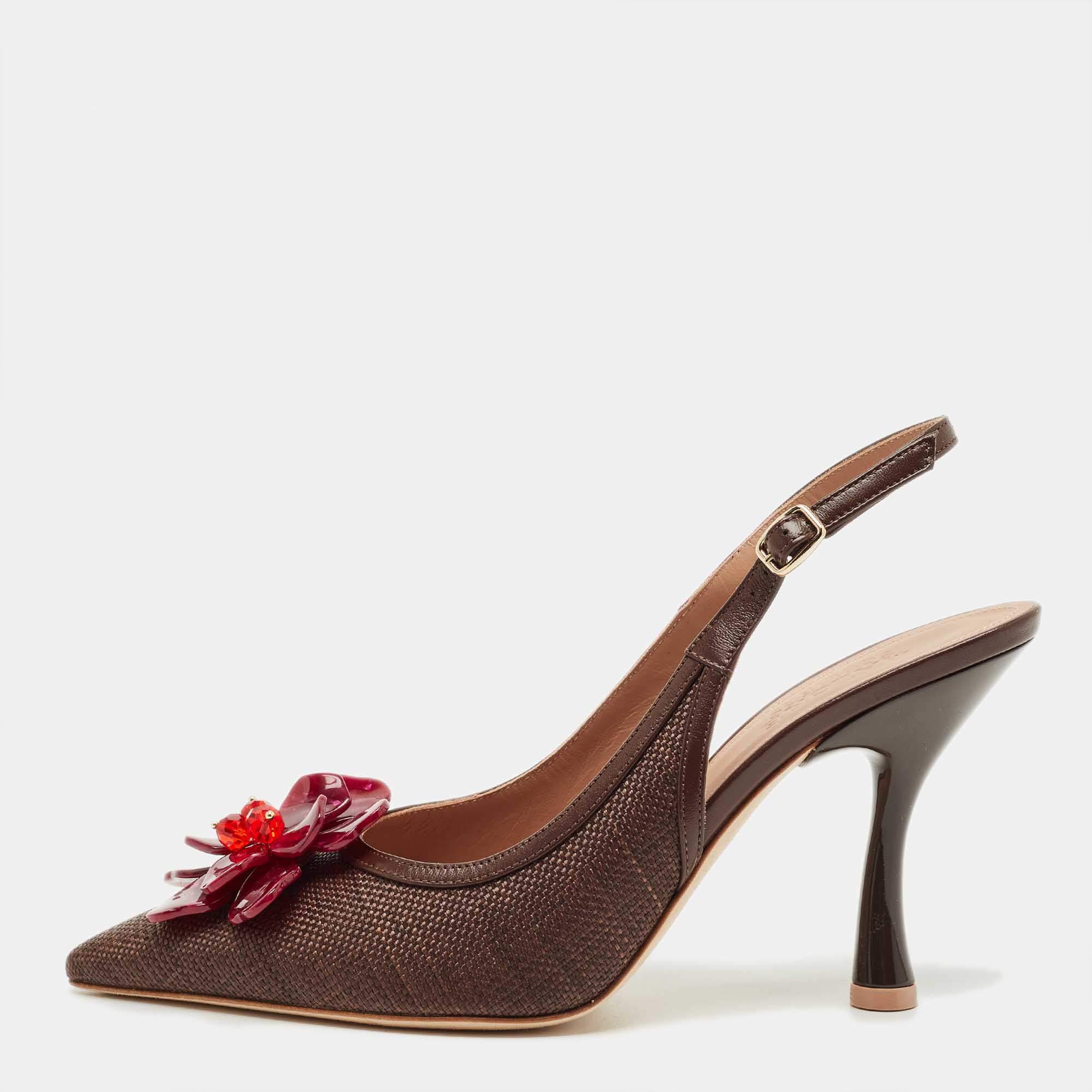 Pre Owned Malone Souliers Brown Raffia and Leather Chrissy Slingback Pumps Size 39