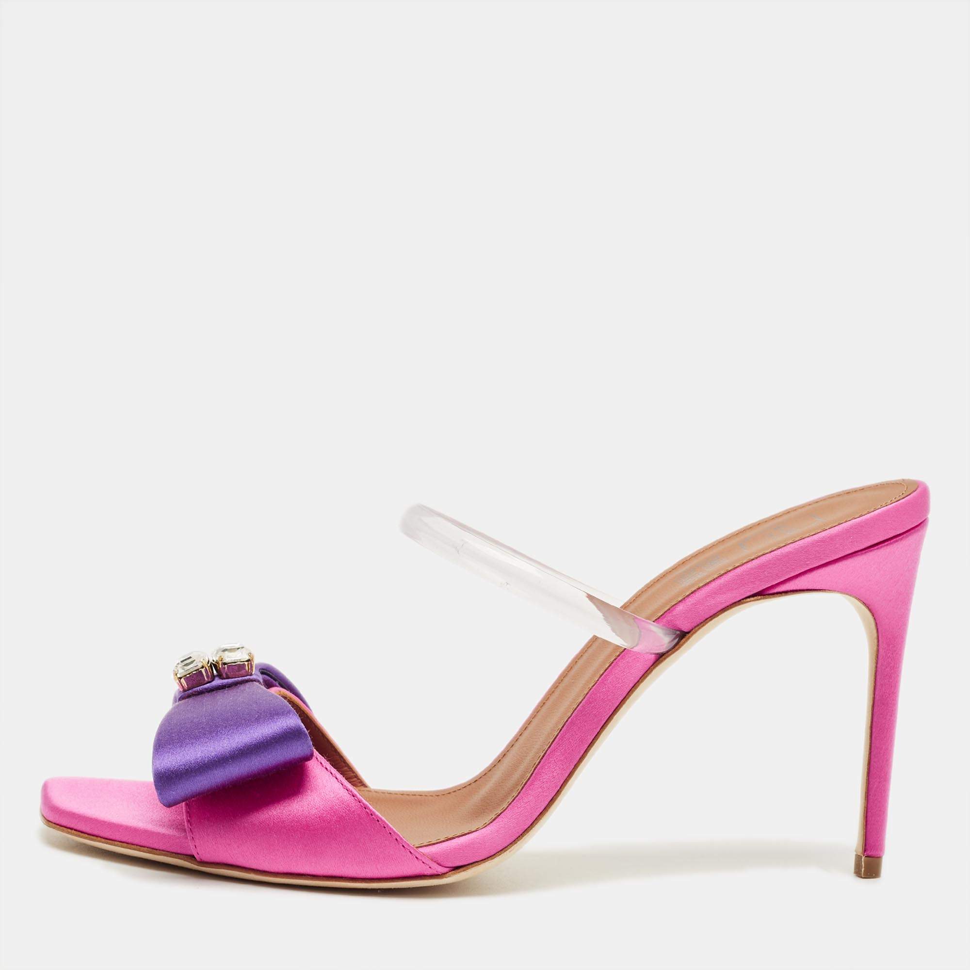 Pre Owned Malone Souliers Pink/Purple Satin Emily Bow Slide Sandals Size 38
