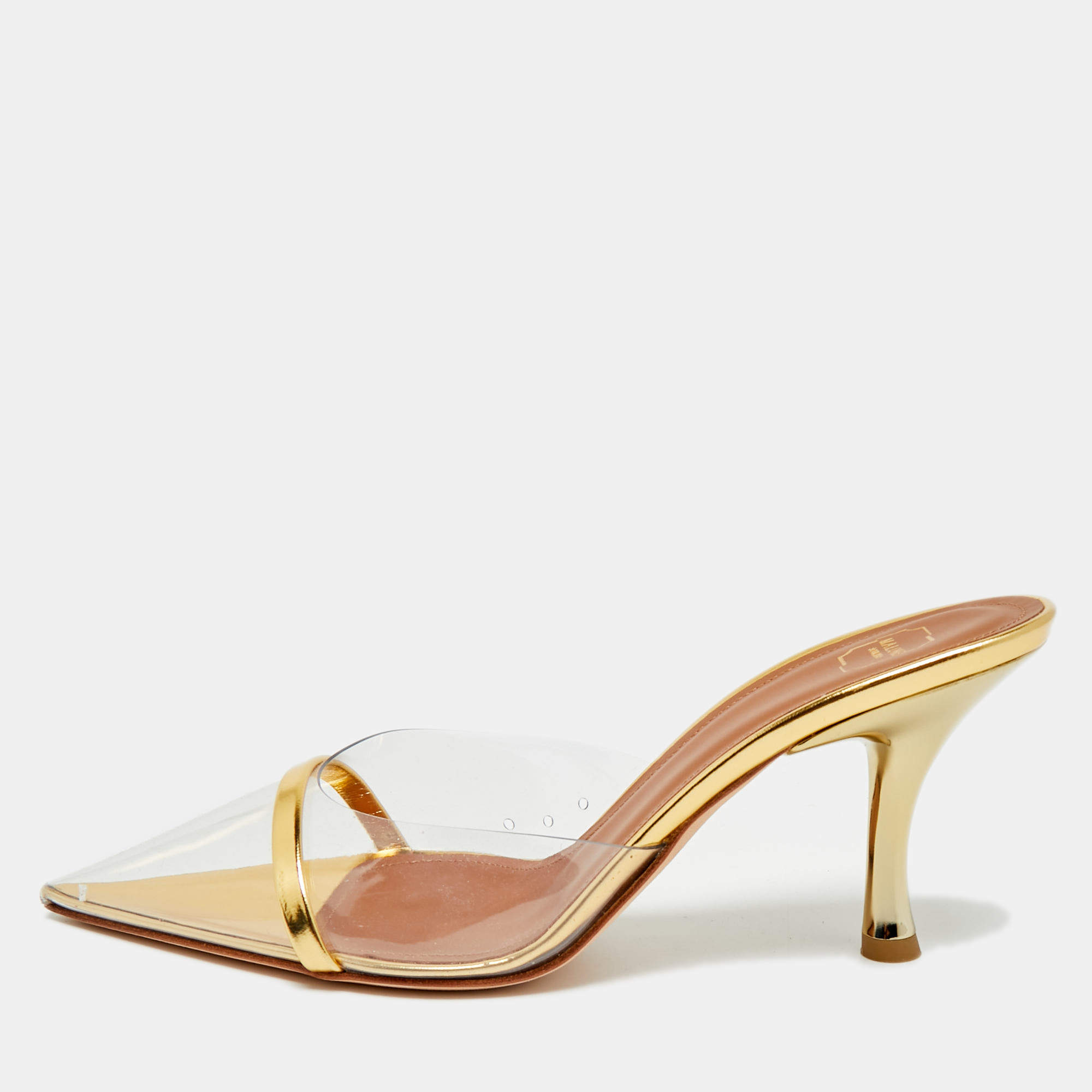 Pre Owned Malone Souliers Joella Size 38.5 Gold Patent Leather and PVC Heel Mules