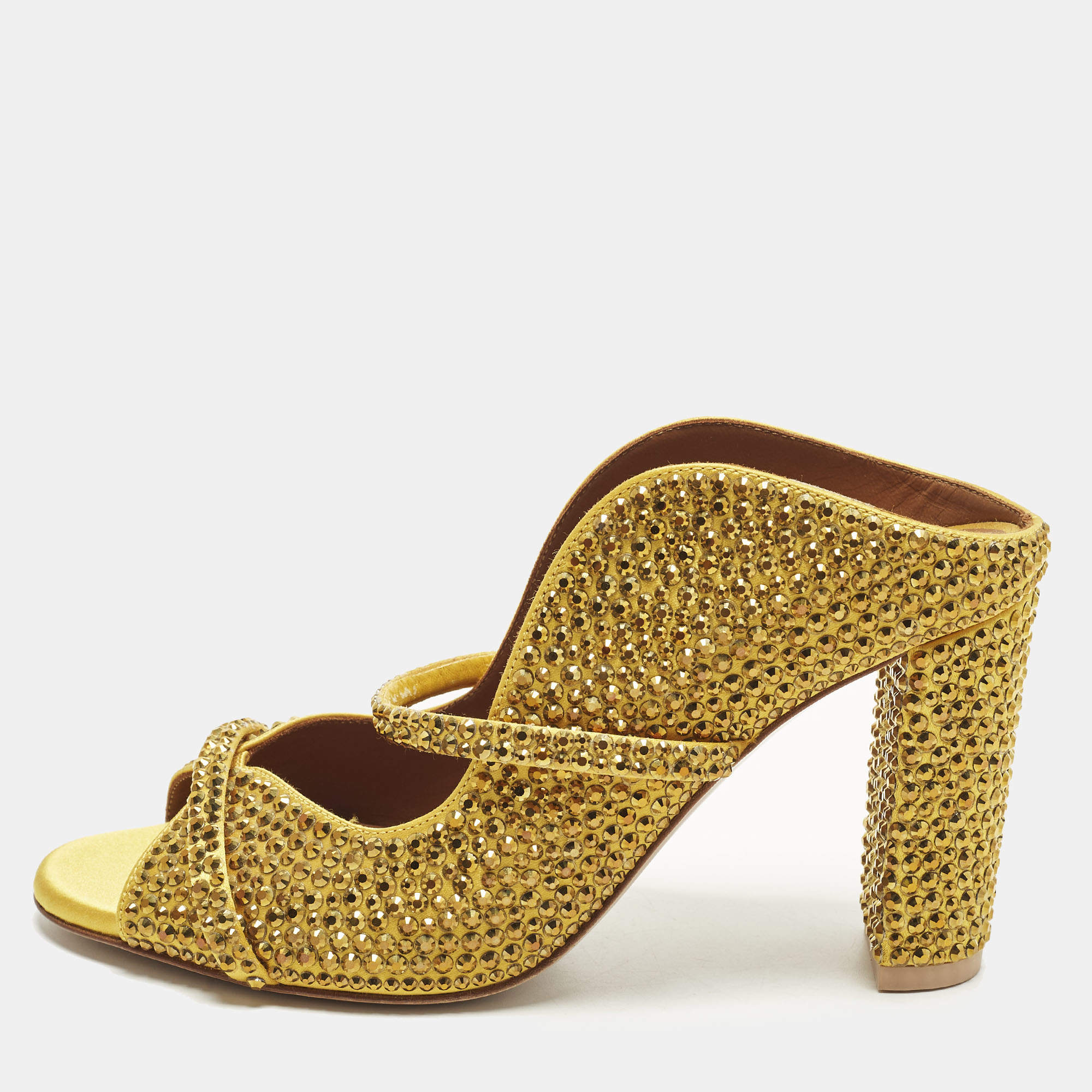 Pre Owned Malone Souliers Norah Size 36 Gold Satin Crystal Embellished Mules