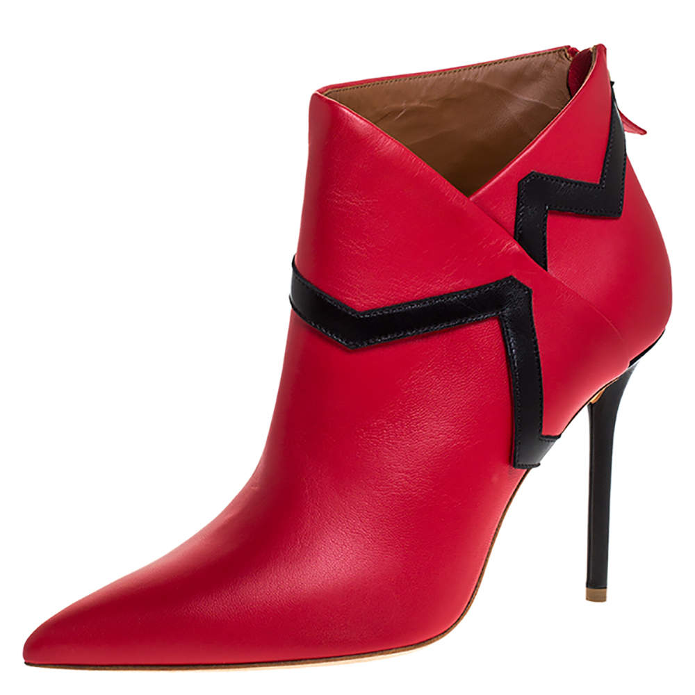 حذاء بوت كاحل مالون سولييه اميلي مقدمة مدببة سير كاحل جلد أحمر و أسود مقاس 40.5