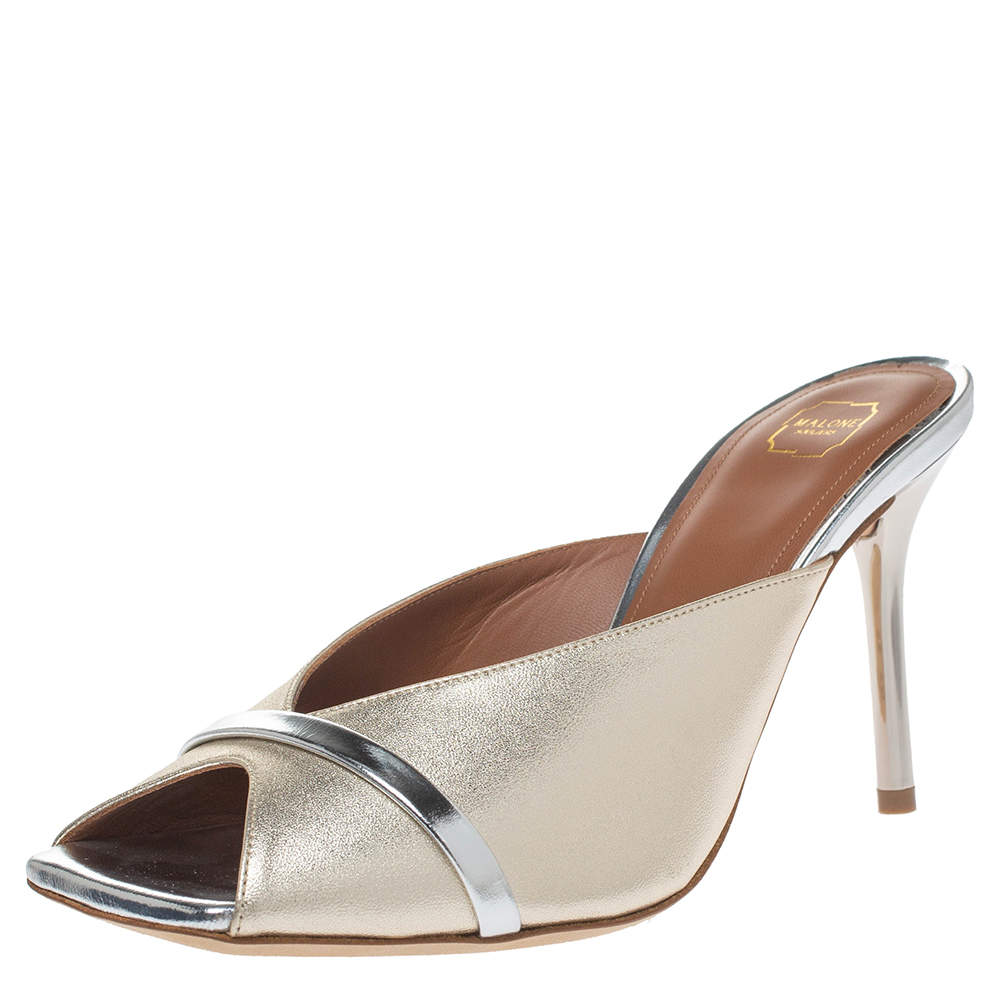Pre Owned Malone Souliers Gold Leather Lucia Open Toe Mules Size 36.5 