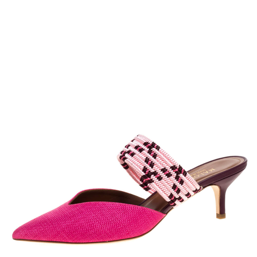 مملوكة مسبقًا Malone Souliers Pink Raffia Pointed Toe Mules Size 38.5