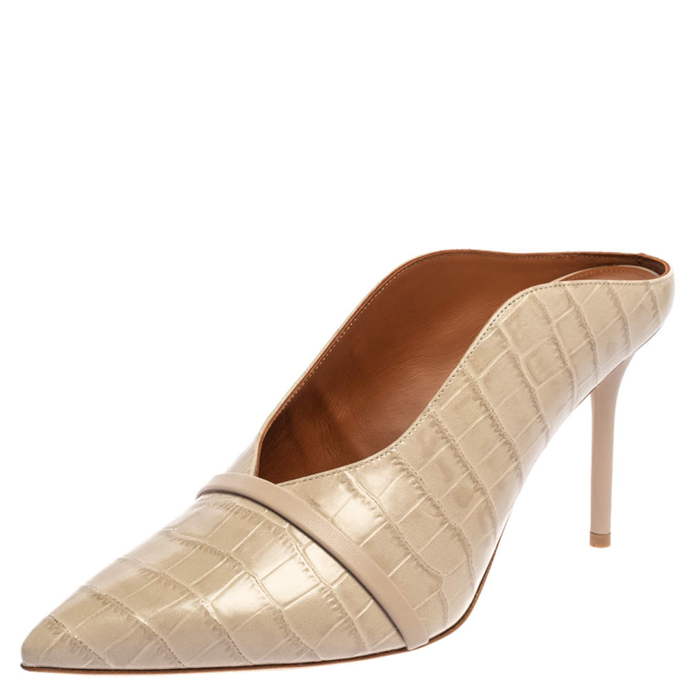 Pre Owned Malone Souliers Beige Croc Embossed Leather Constance Mules Size 41.5