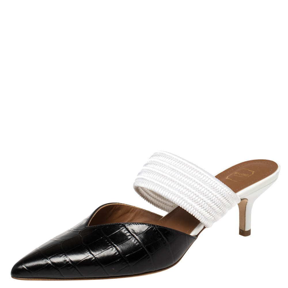 حذاء مولز مالون سولييه مايزي مقدمة مدببة حبل و جلد نقش تمساح أبيض / أسود  مقاس 36