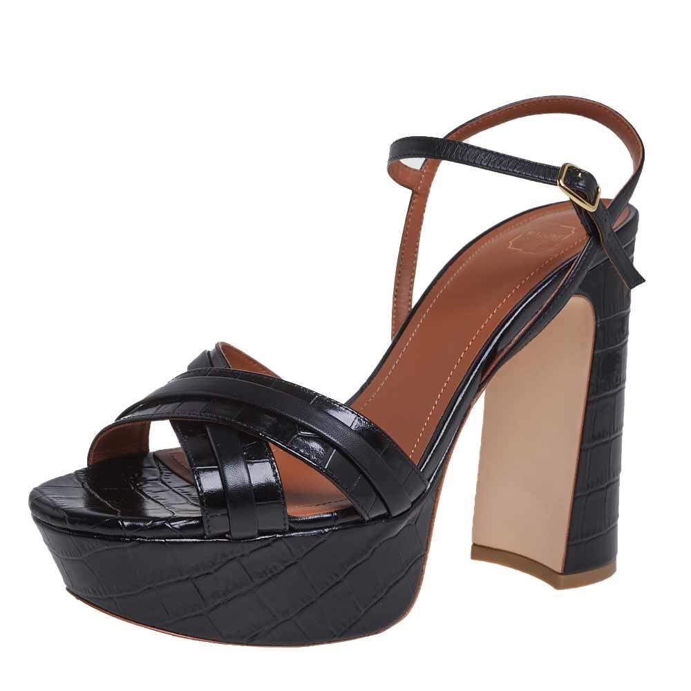 مملوكة مسبقًا صندل مالون سولييه سير كاحل ميلا جلد نقش تمساح أسود مقاس 38