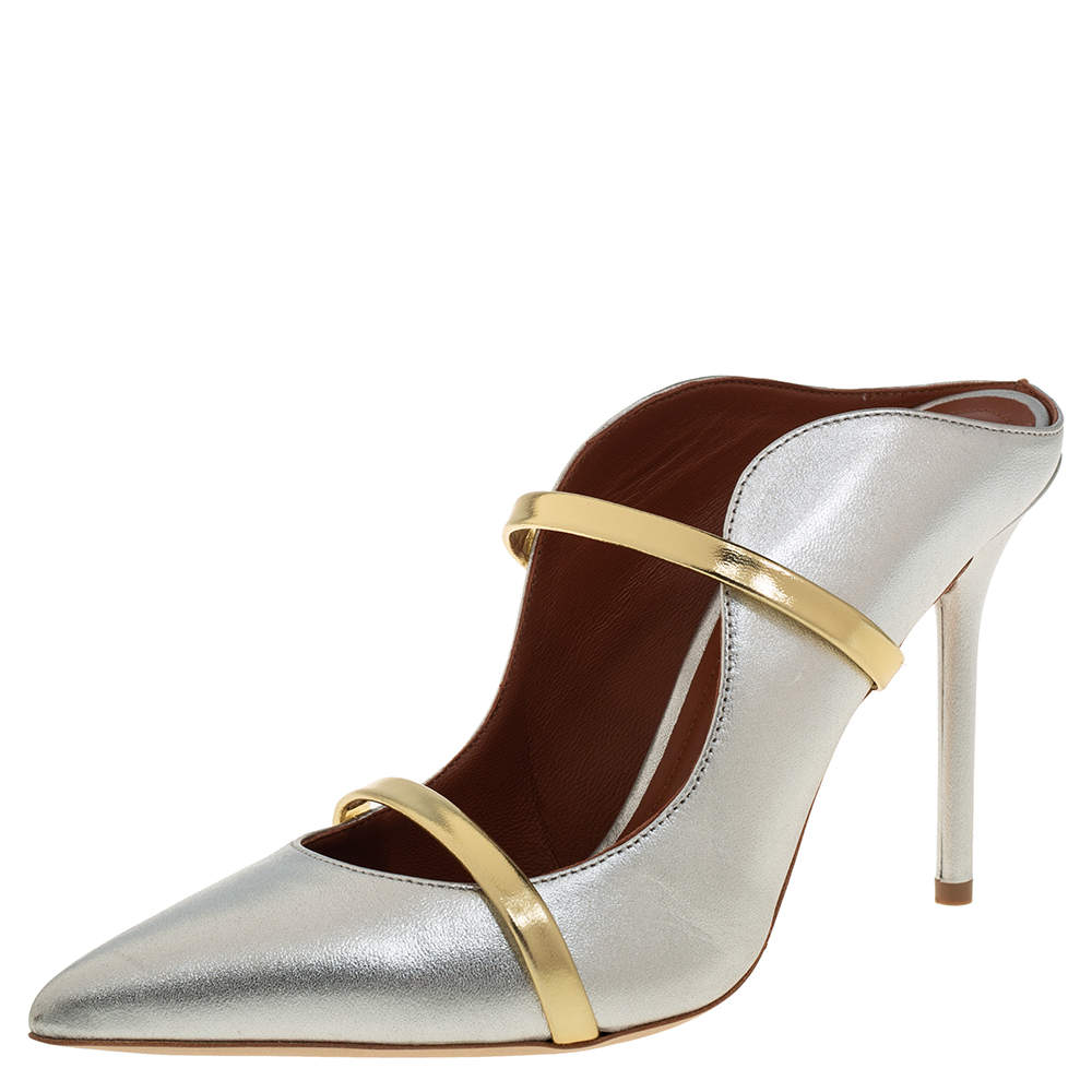Pre Owned Malone Souliers Silver/Gold Leather Maureen Pointed Toe Mules Size 37.5