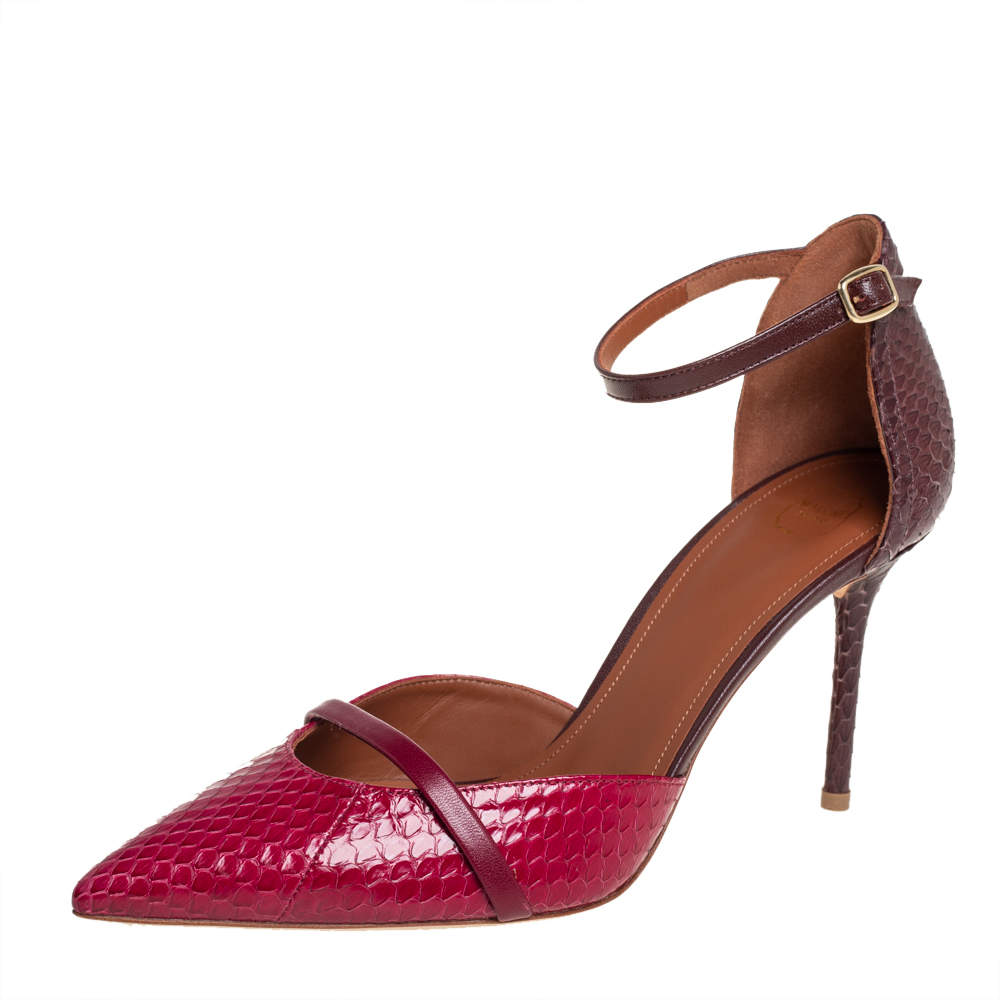 Pre Owned Malone Souliers Burgundy/Brown Python Ankle Strap Pumps Size 38