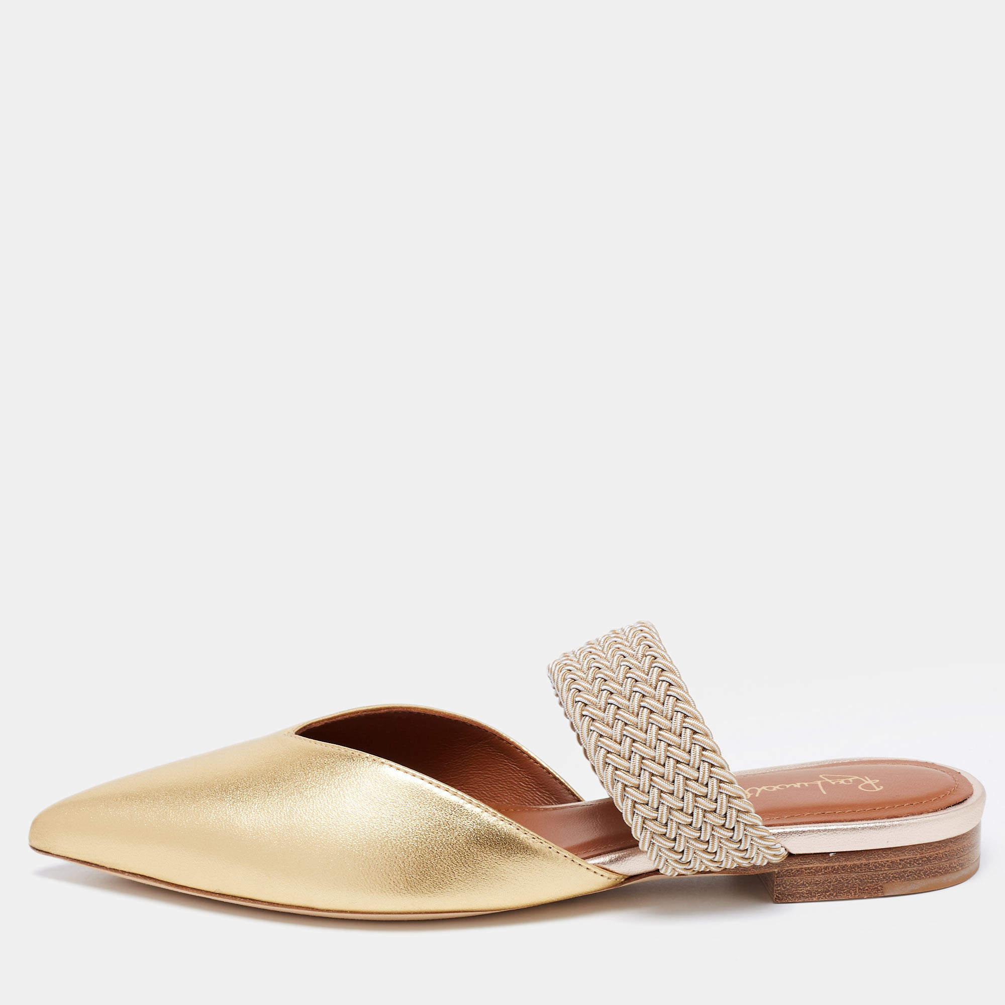 Pre Owned Malone Souliers Gold Leather and Fabric Maisie Slides Size 36