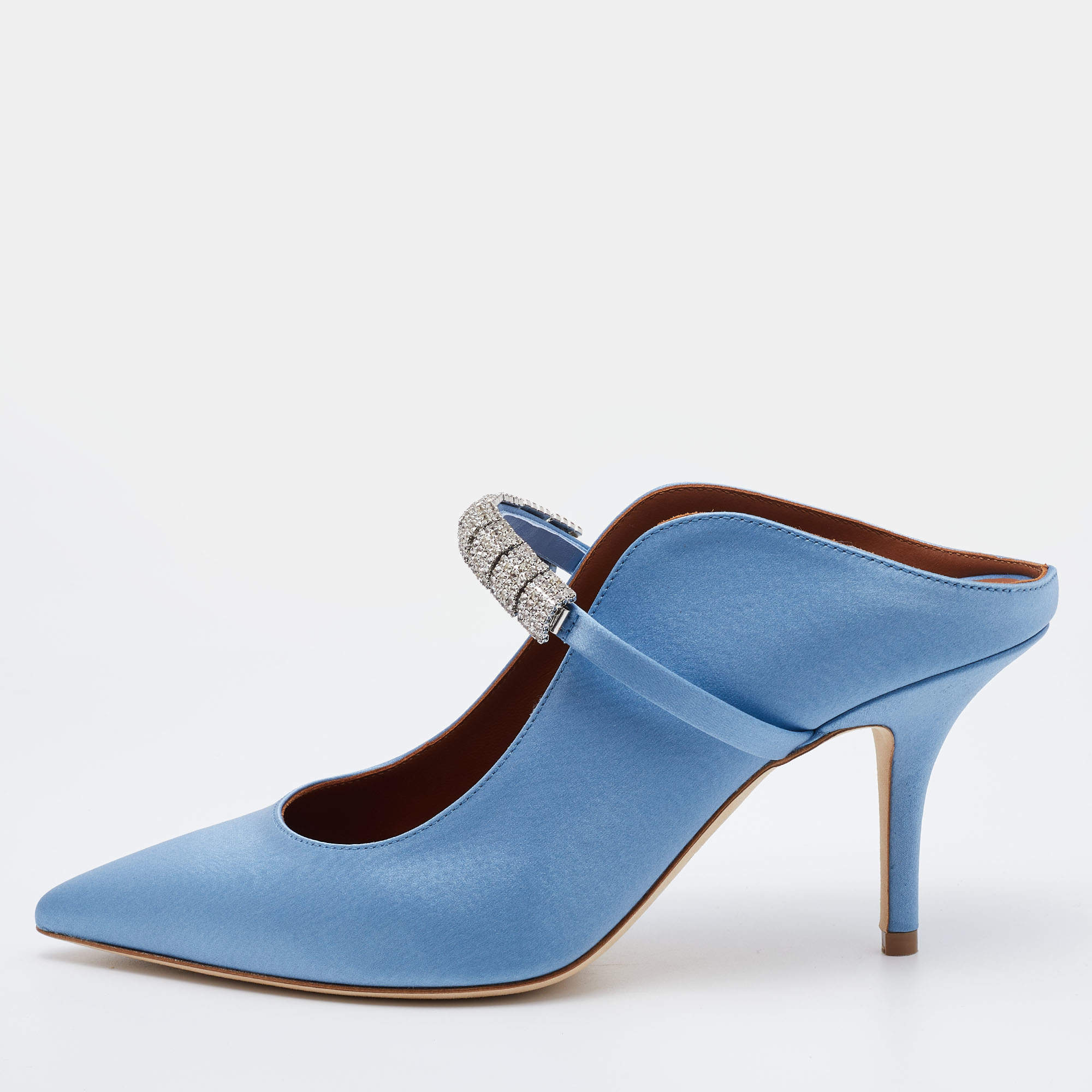 Pre Owned Malone Souliers Blue Satin Bella Embellished Mules Size 38
