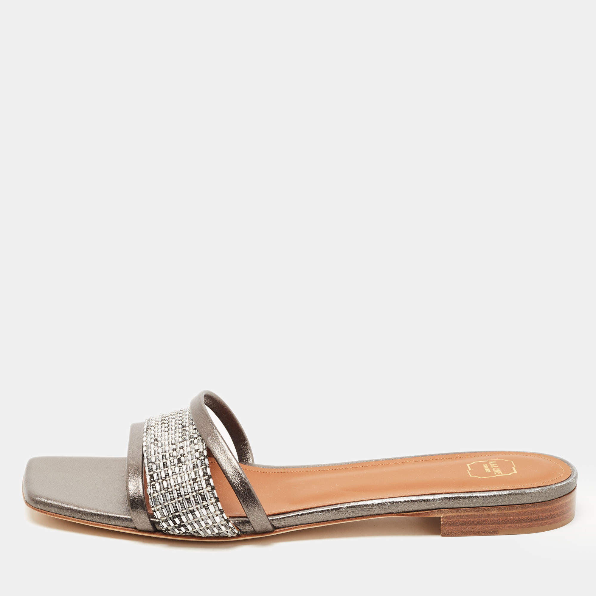 Pre Owned حذاء سلايدز فلات مالون سولييه دمي قماش وجلد فضي/ رمادي ميتالك مقاس 41