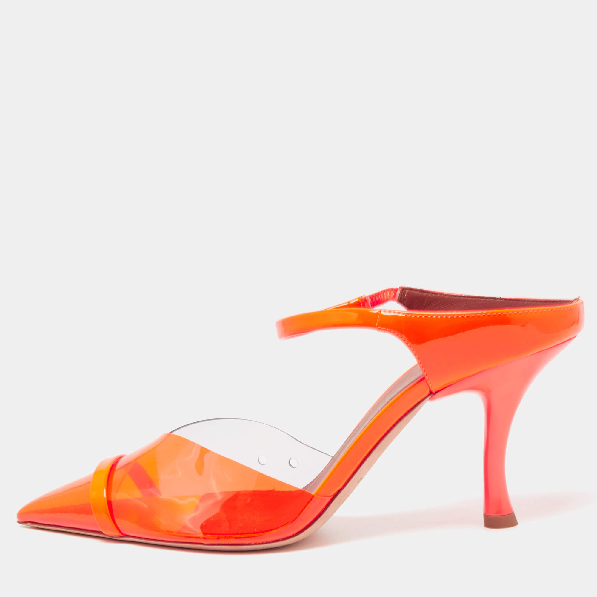 Pre Owned Malone Souliers Neon Orange PVC and Patent Leather Iona Mules Size 39.5