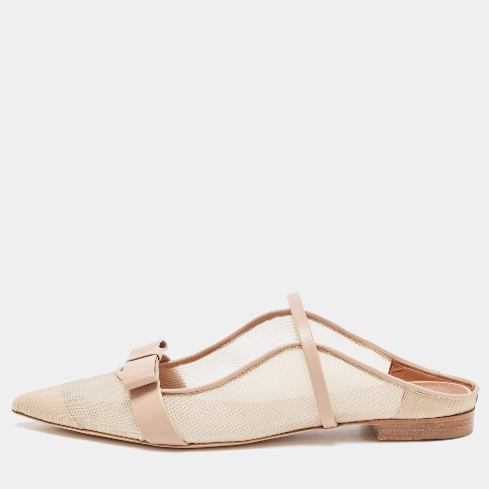 Malone Souliers Beige Mesh and Leather Marguerite Bow Flat Mules Size 41