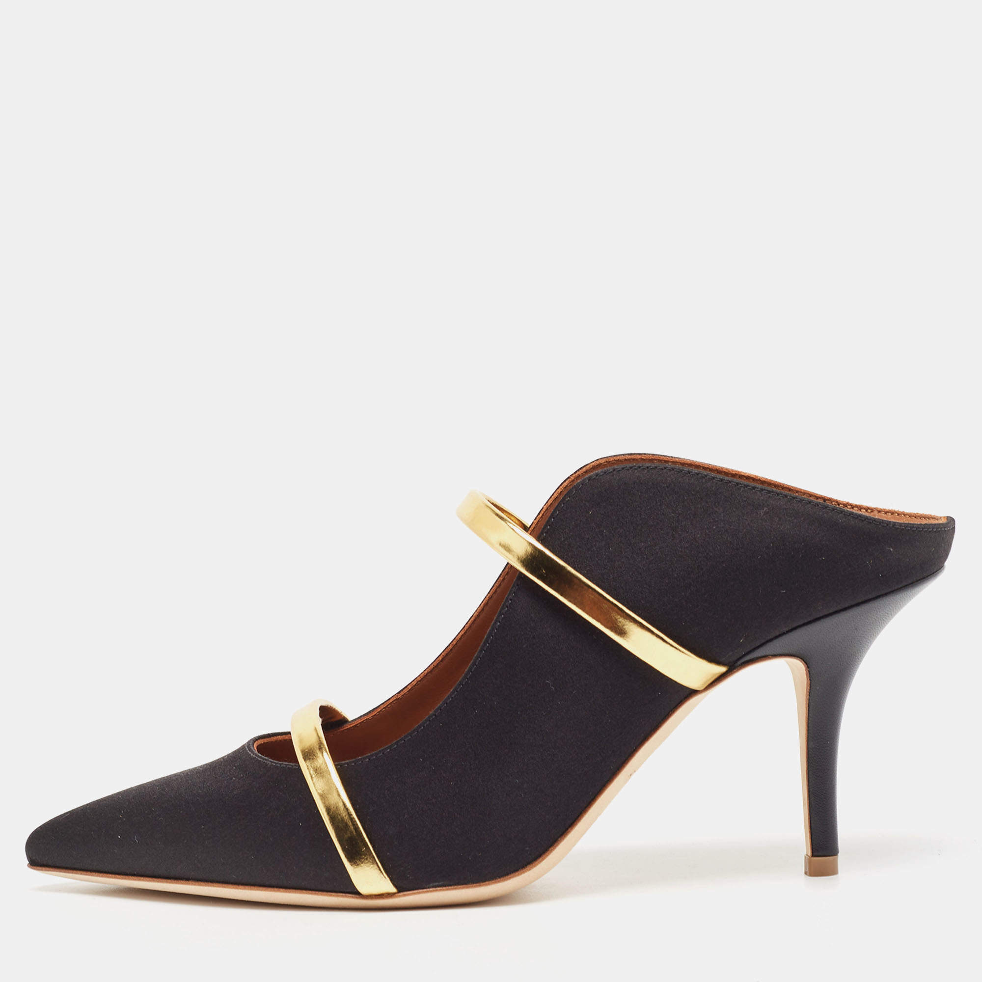 Pre Owned Malone Souliers Black Satin Leather Maureen Mules Size 38