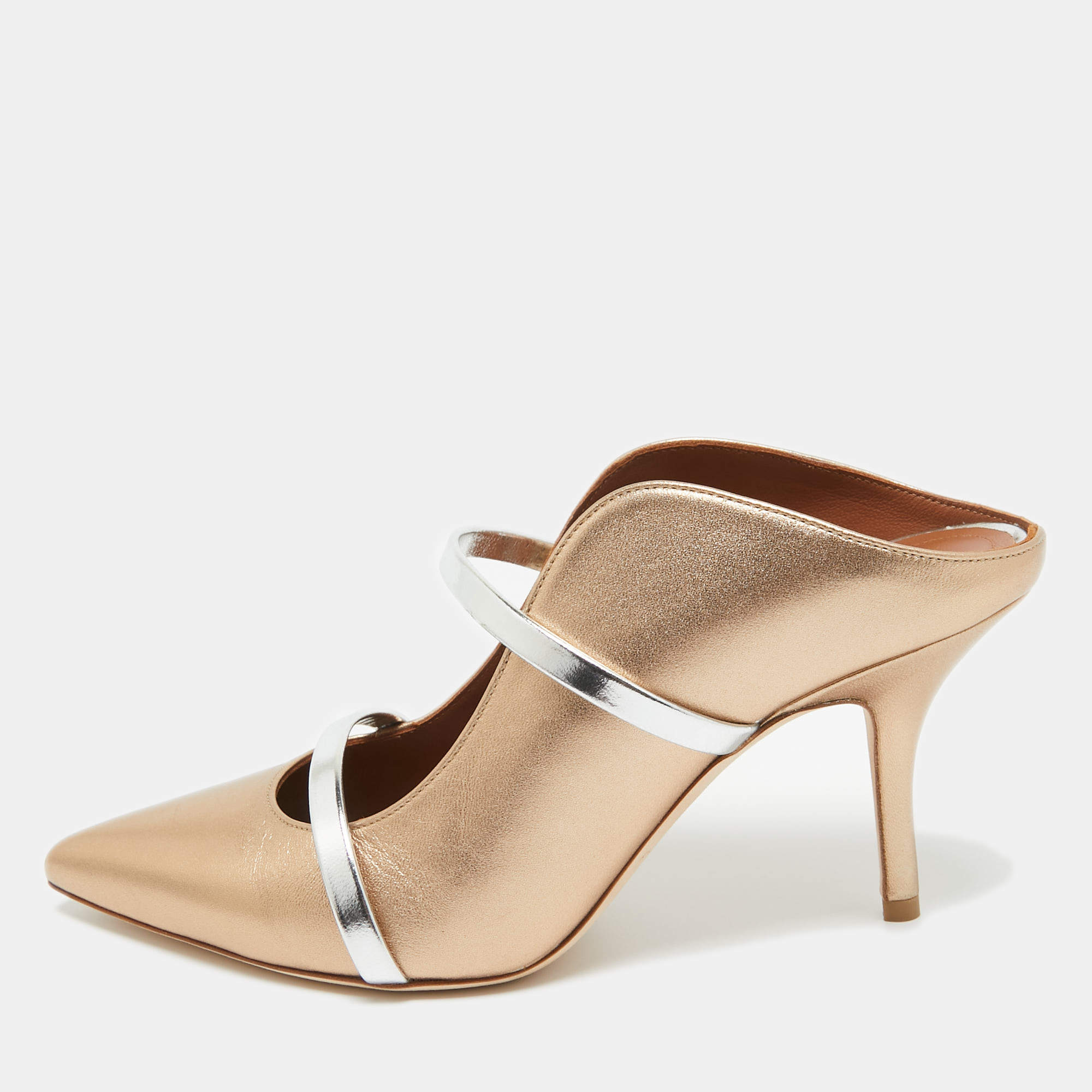 Pre Owned Malone Souliers Gold/Silver Leather Maureen Mules  Size 38 
