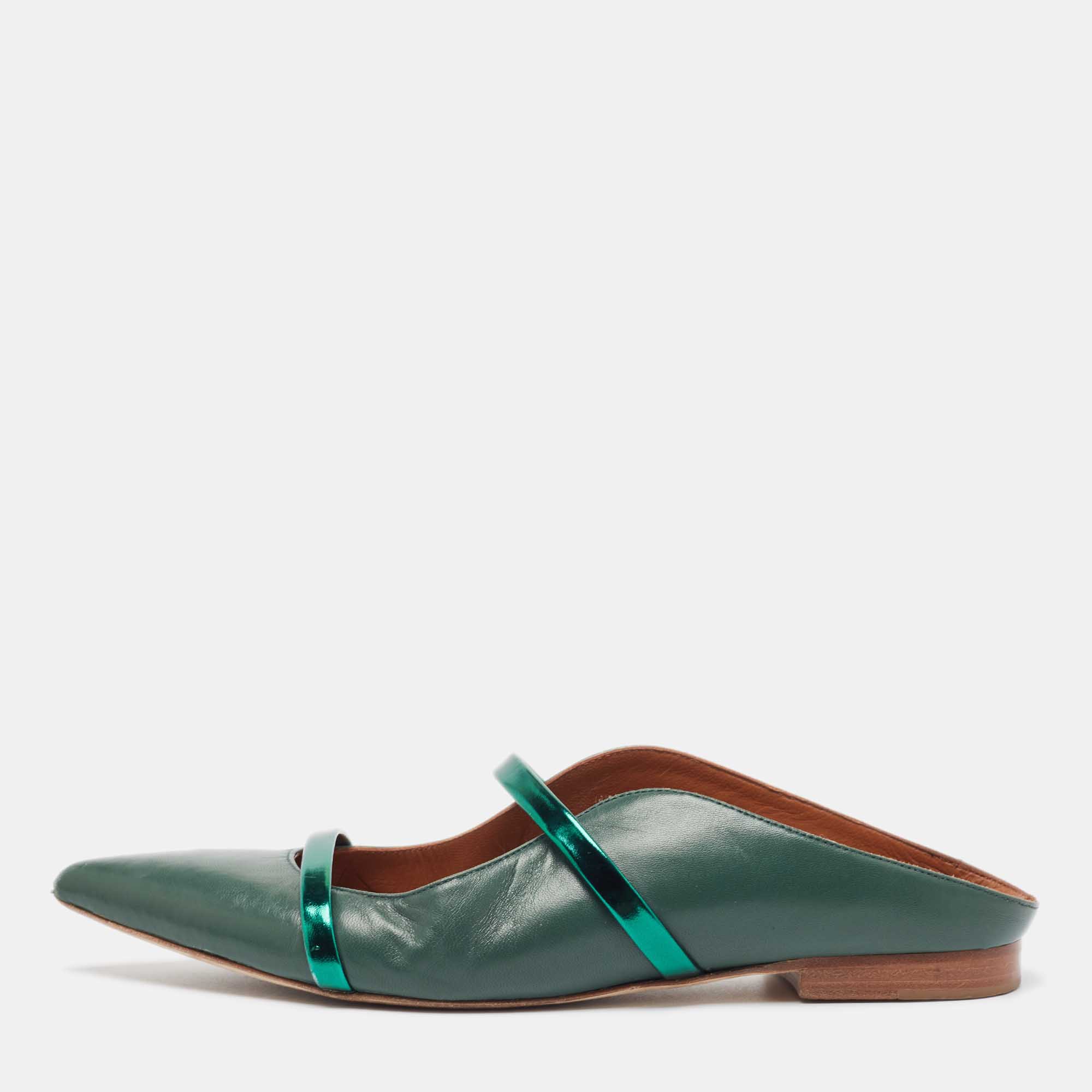 Pre Owned Malone Souliers Green Leather Maureen Flat Mules Size 38