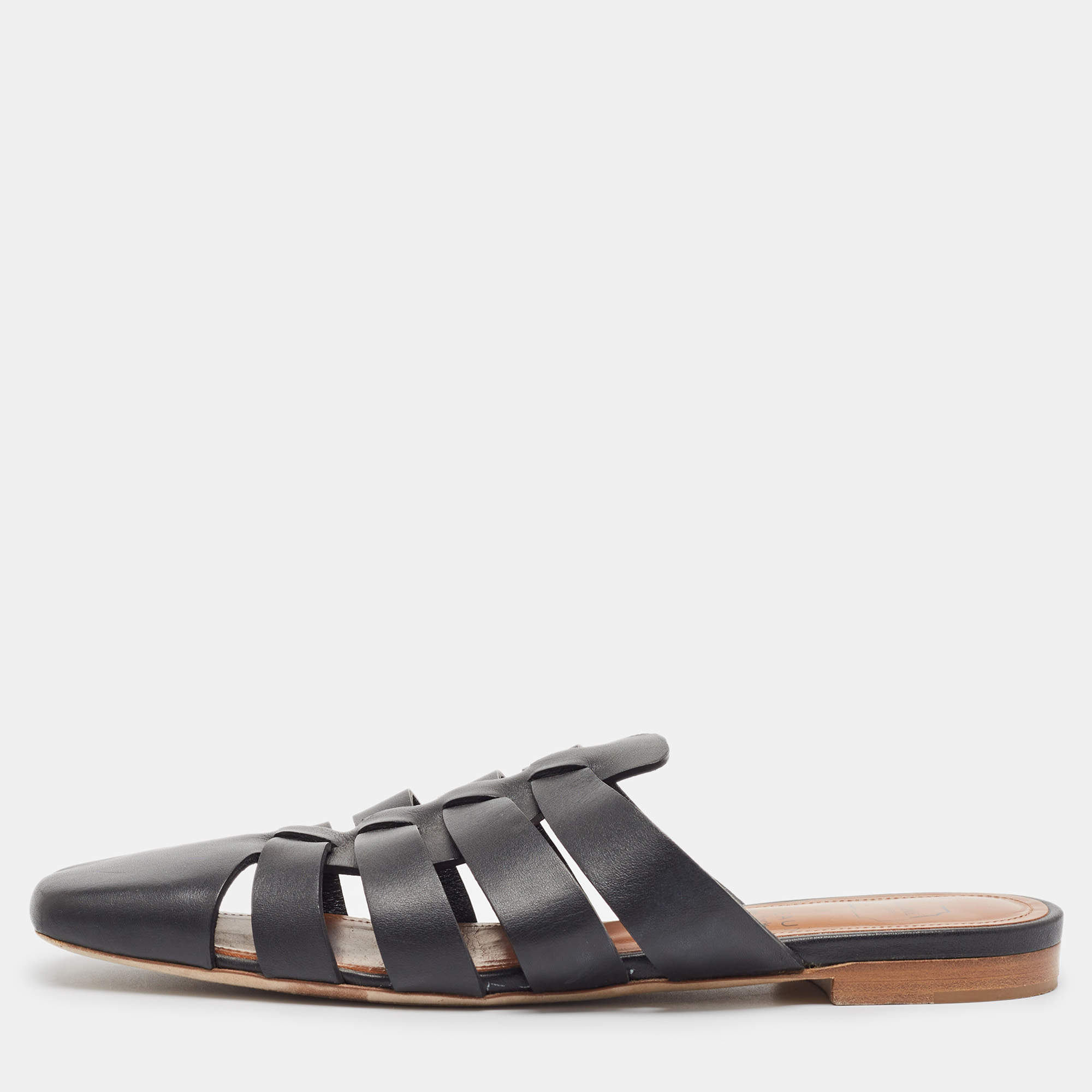 Pre Owned Malone Souliers x Deveaux New York Black Leather Strappy Flat Mules Size 38.5