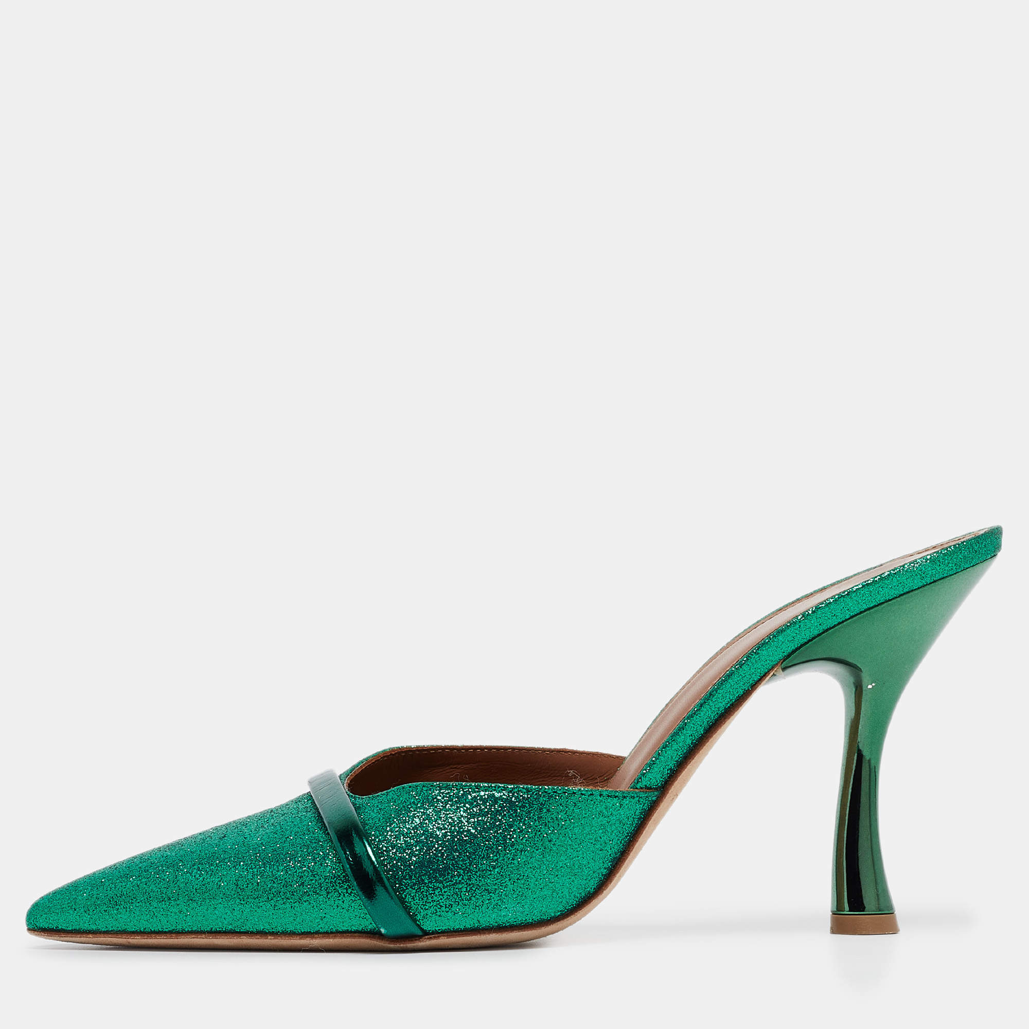 Pre Owned Malone Souliers Green Glitter and Leather Mules Size 38 