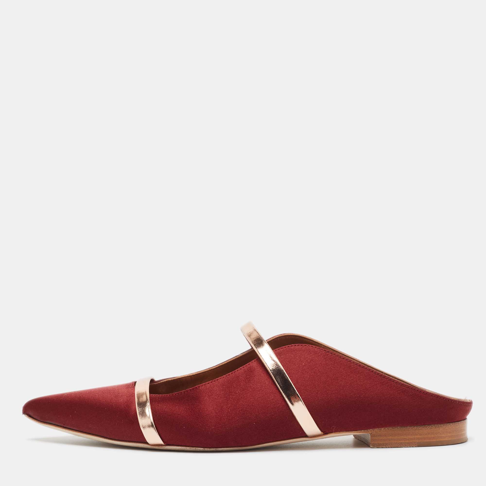 Pre Owned Malone Souliers Burgundy Satin Maureen Flat Mules Size 38