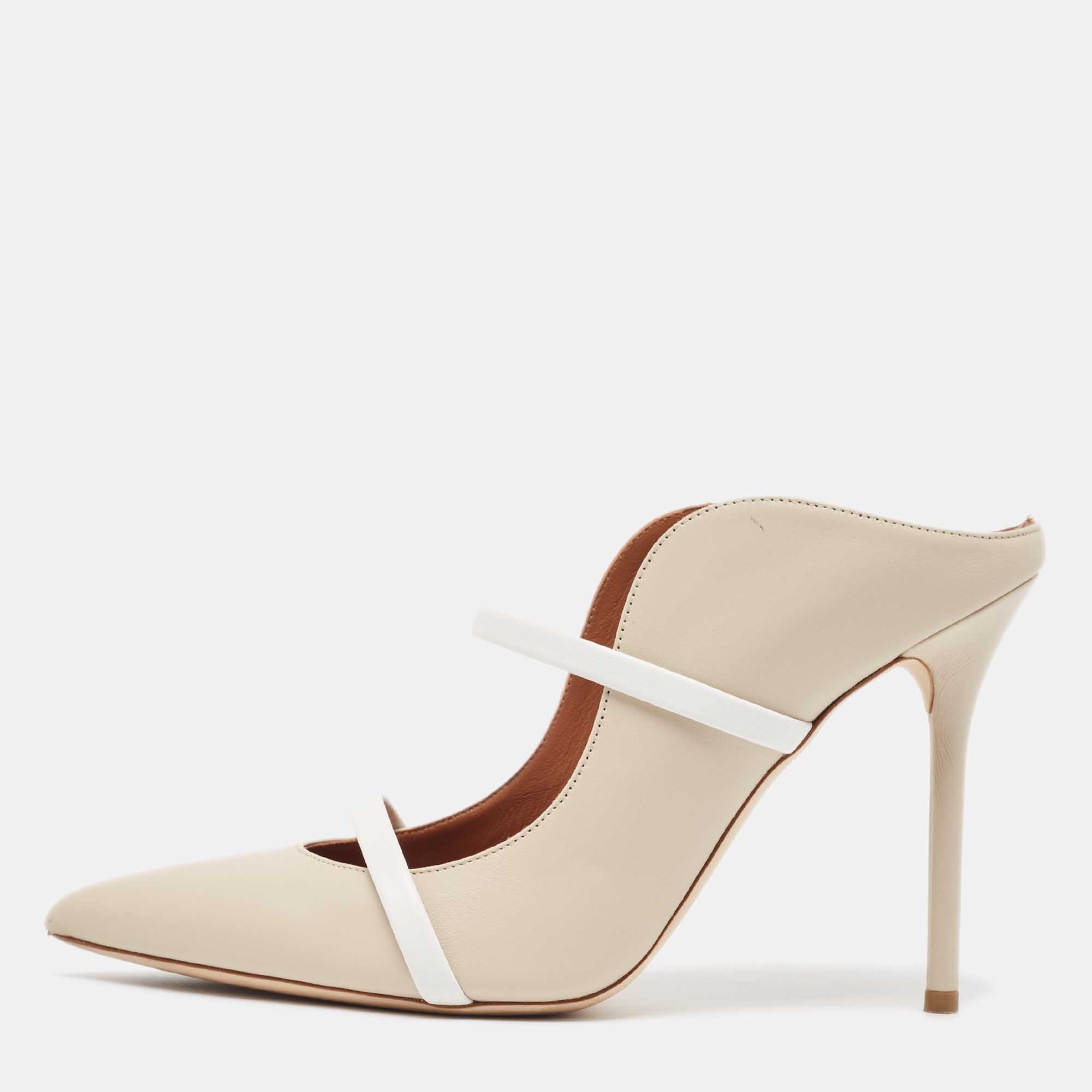 Pre Owned Malone Souliers Cream/White Leather Maureen Mules Size 38.5