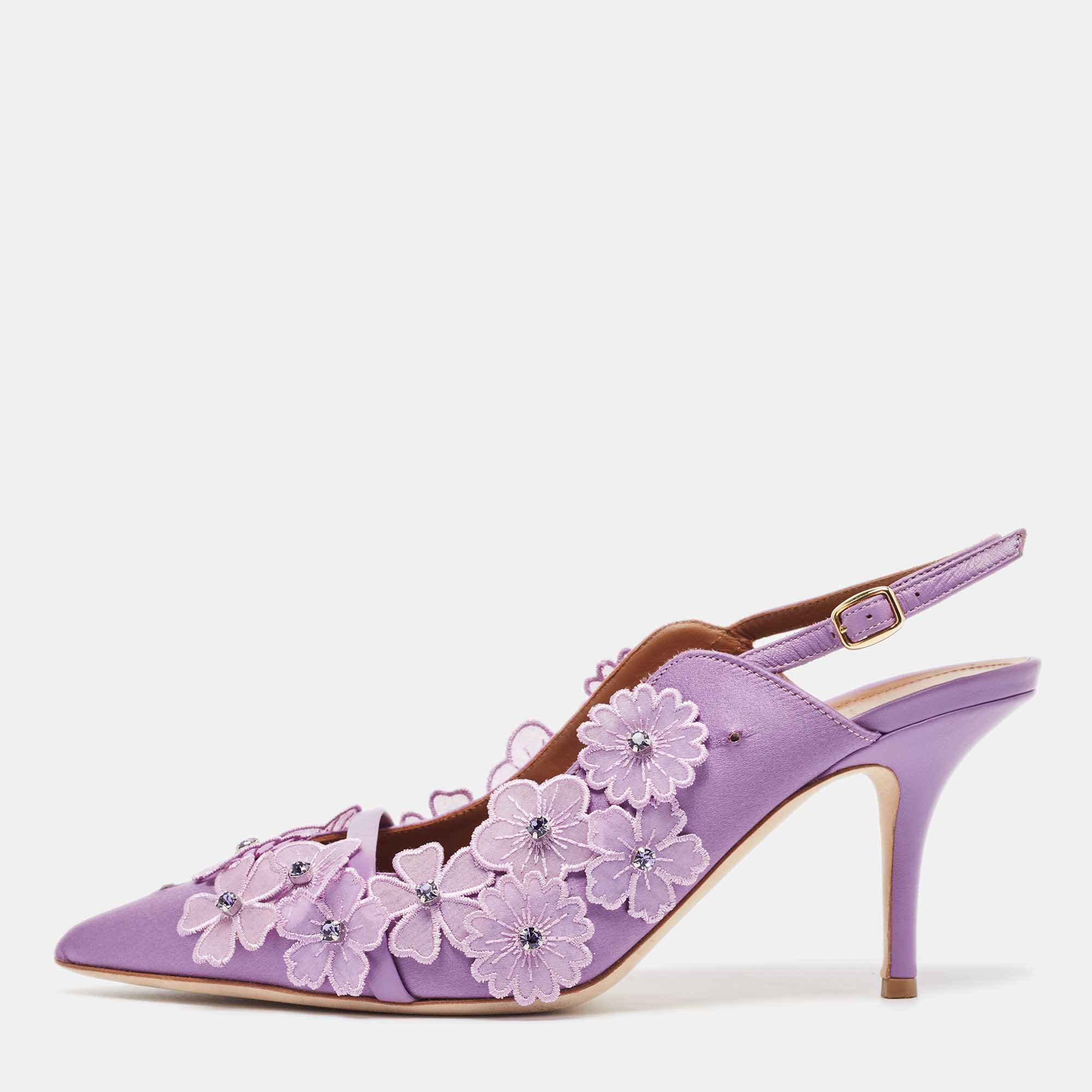 Pre Owned Malone Souliers Purple Satin Floral Applique Marion Pumps Size 40