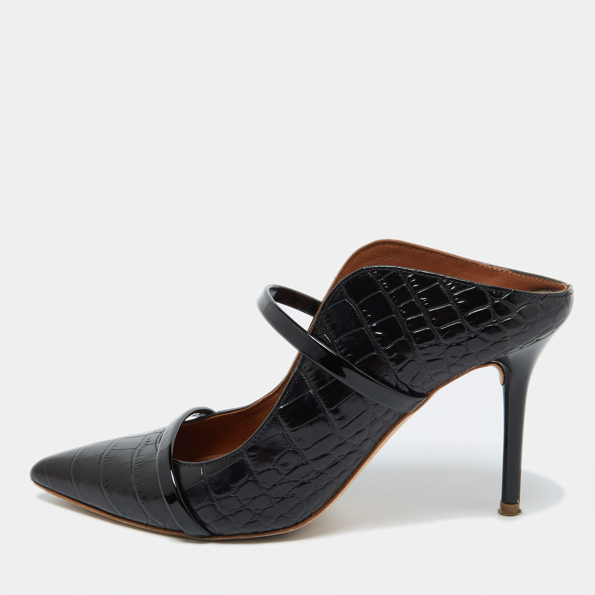 Pre Owned Malone Souliers Black Croc Embossed Leather Maureen Pointed Toe Mules Size 37.5