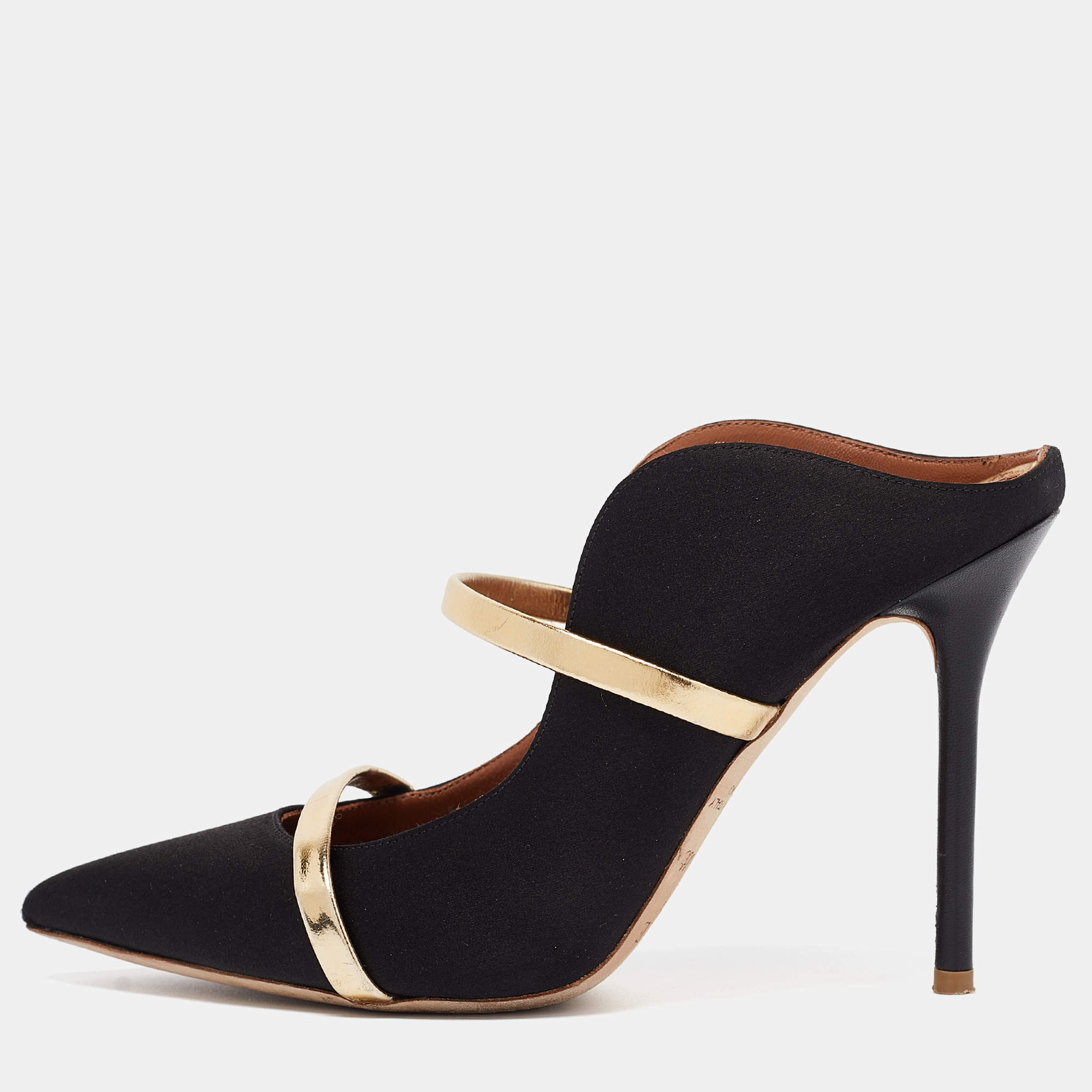 Pre Owned Malone Souliers Black/Gold Satin and Leather Maureen Mules Size 36.5